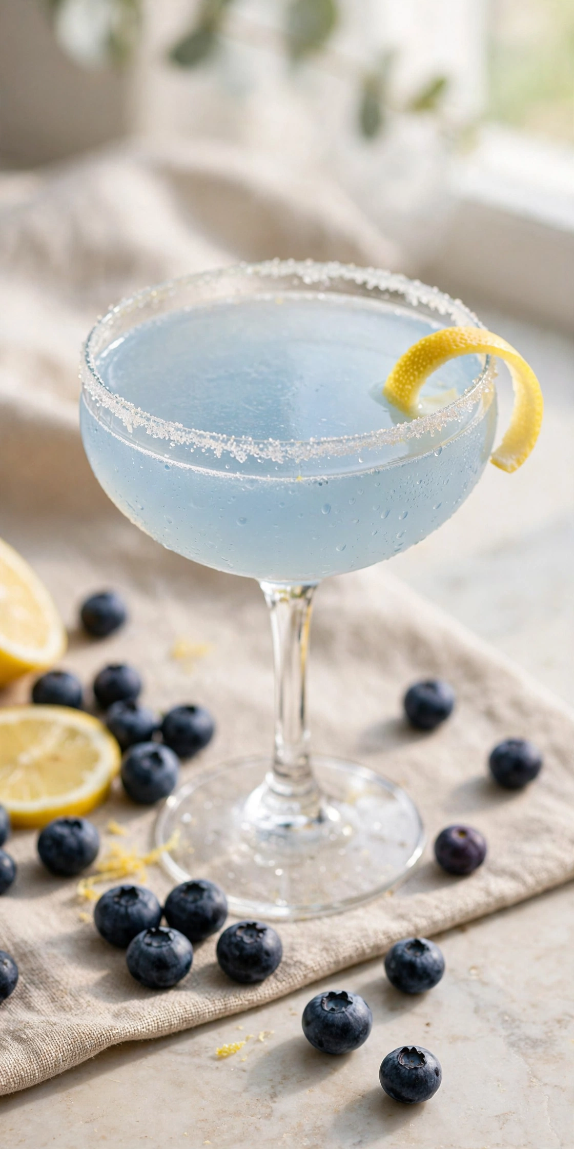 Blueberry lemon drop mocktail in a sugar rimmed martini glass with blueberries