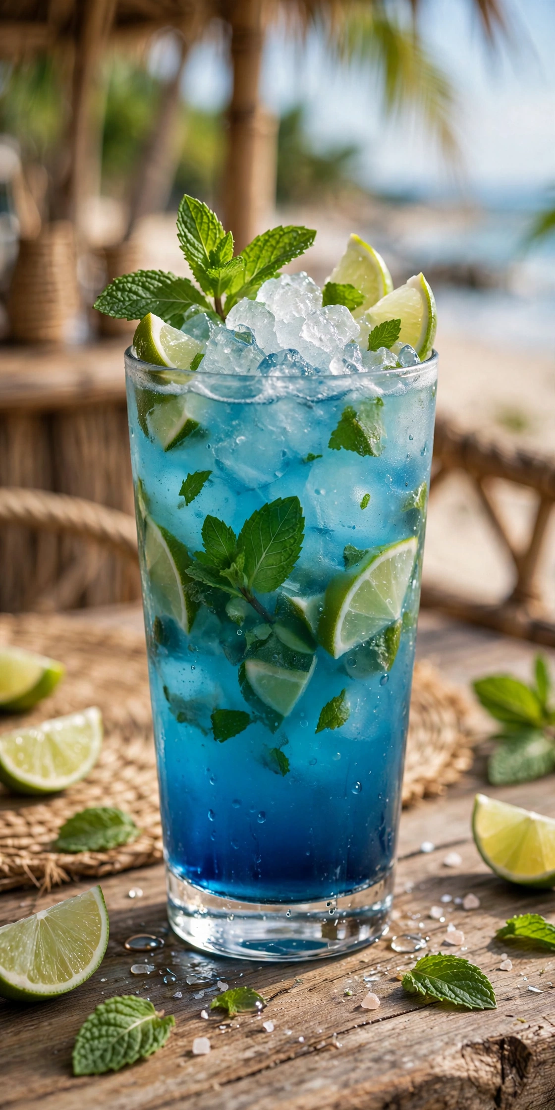 Blue ocean mojito with layered blue gradient, mint sprig, and crushed ice