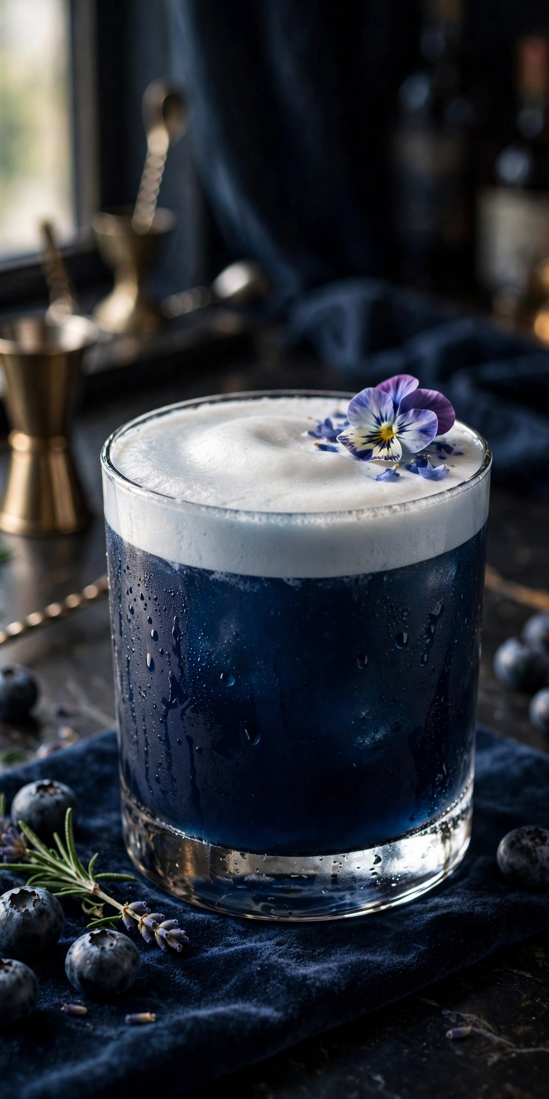 Blue velvet cocktail in a coupe glass with creamy texture and cocoa rim