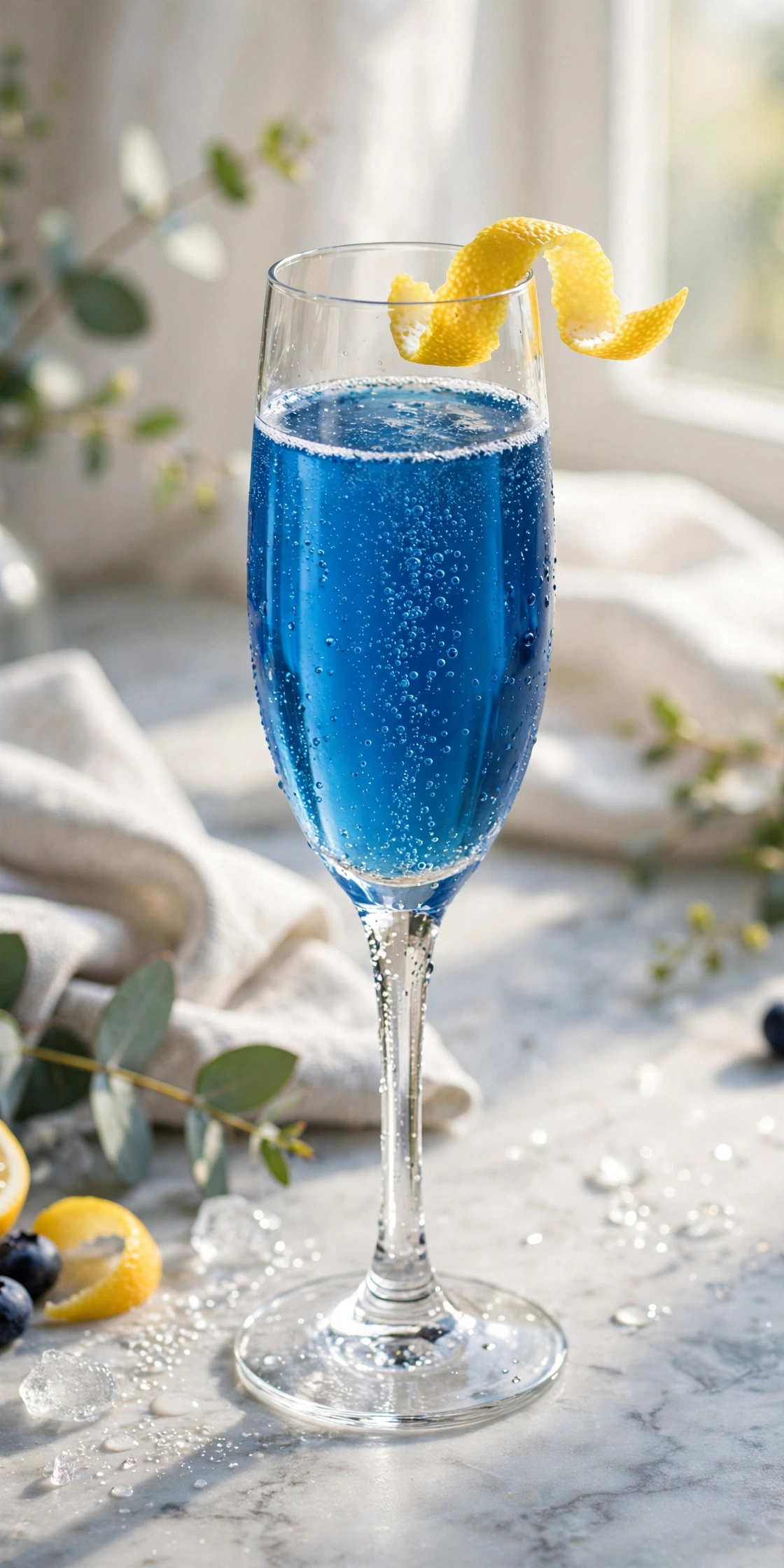 Sapphire blue fizz in a tall glass with tonic bubbles, lime, and deep blue hue