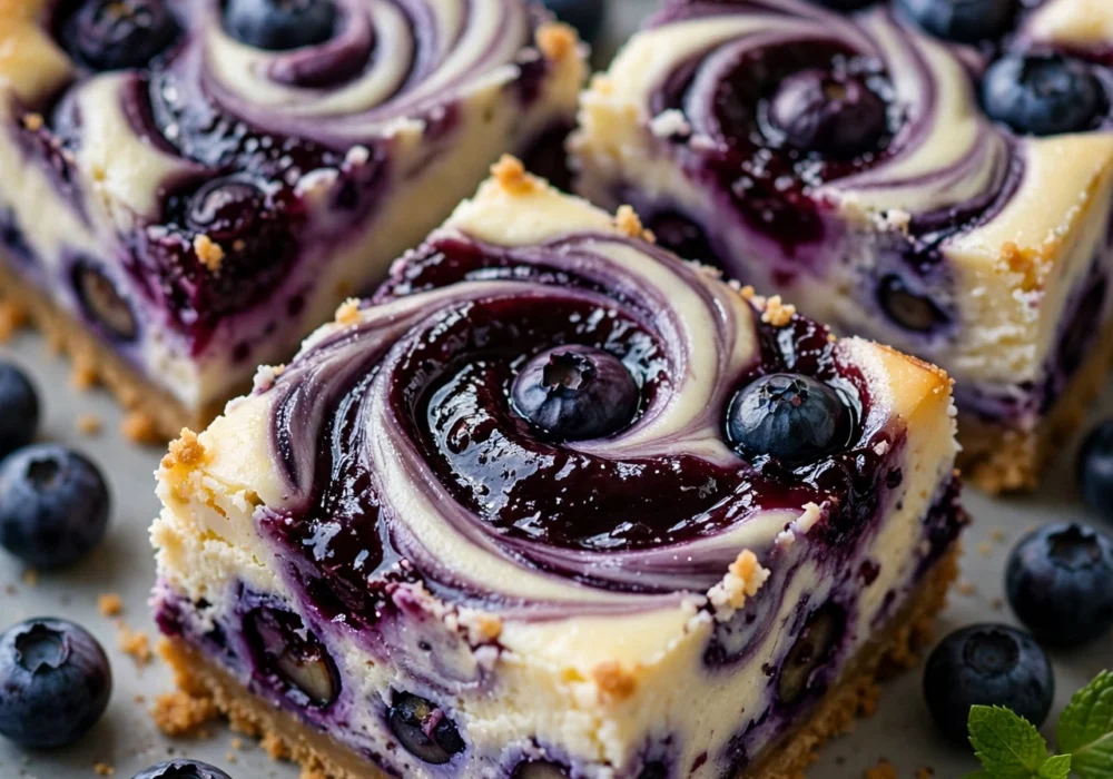 Blueberry cheesecake bars with swirl top cut in squares