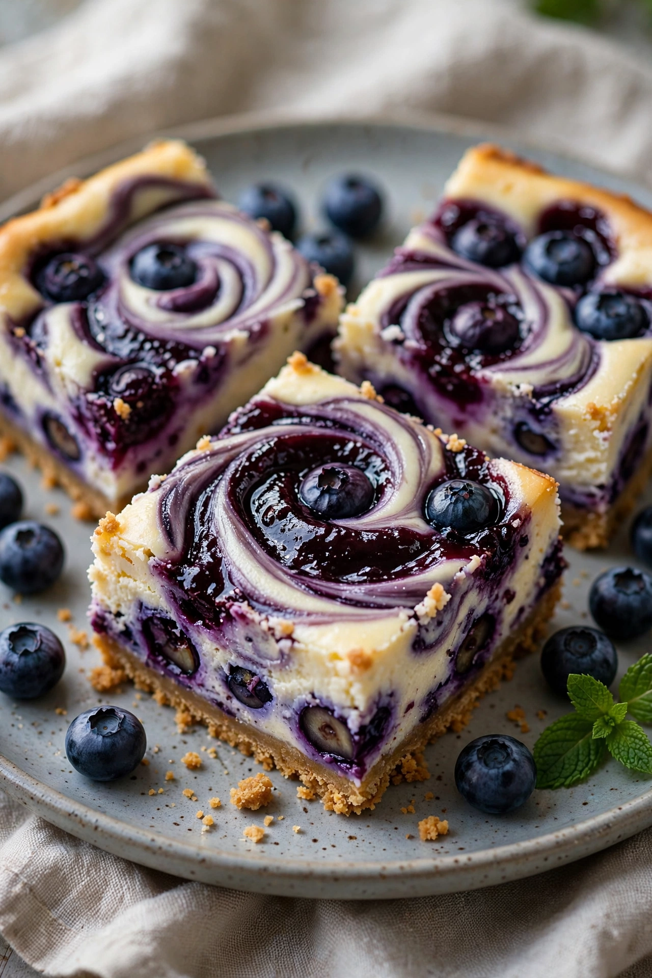 Blueberry cheesecake bars with swirl top cut in squares