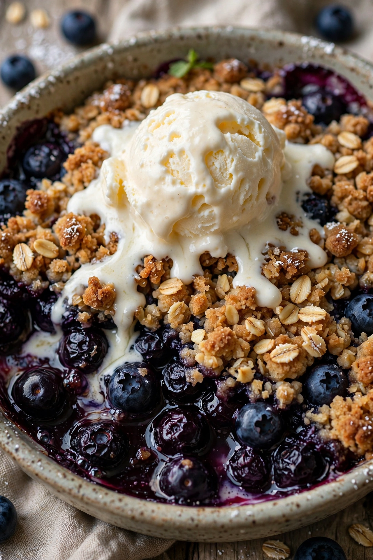 Blueberry crisp with oat topping and vanilla ice cream scoop