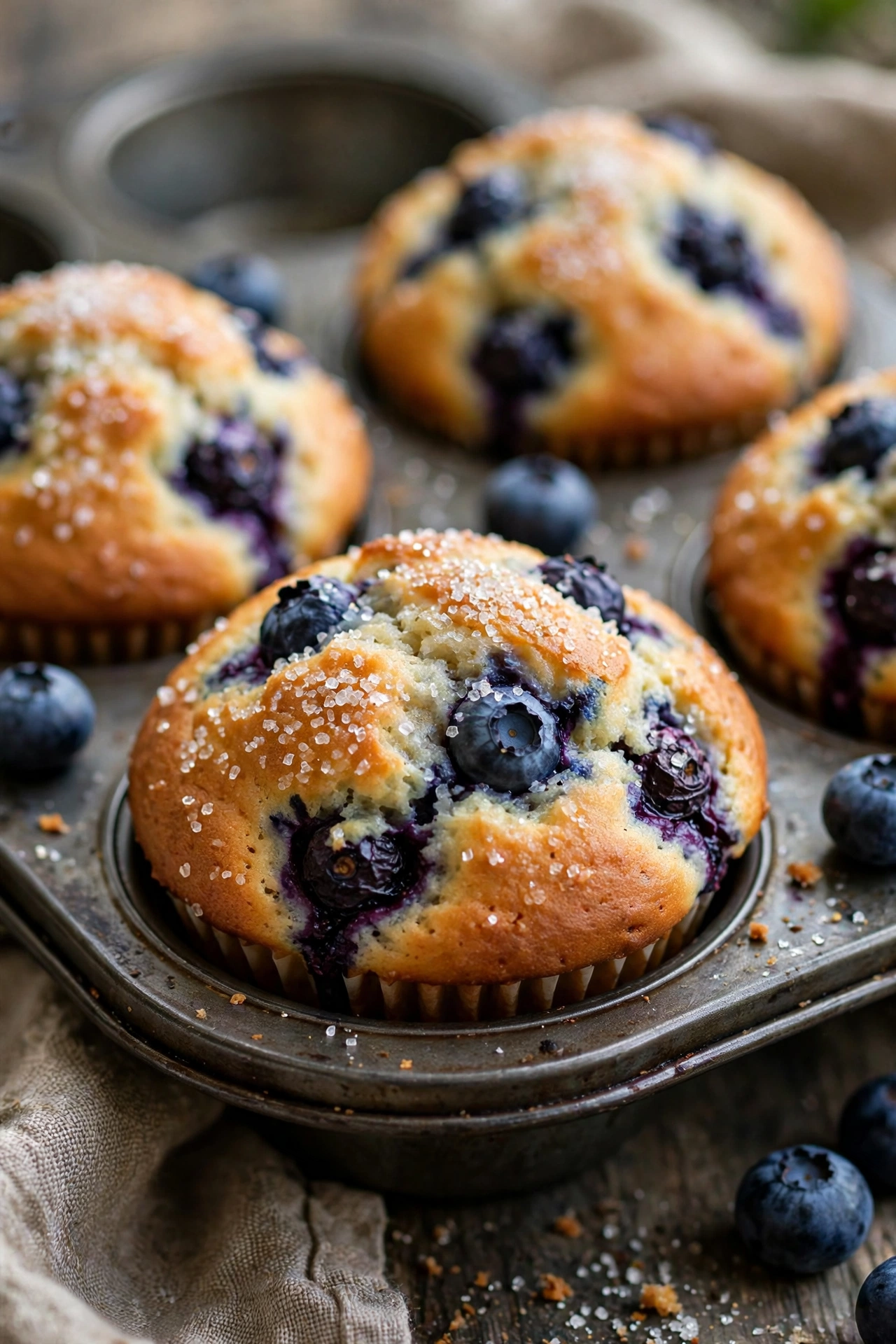 Blueberry muffins domed with streusel top