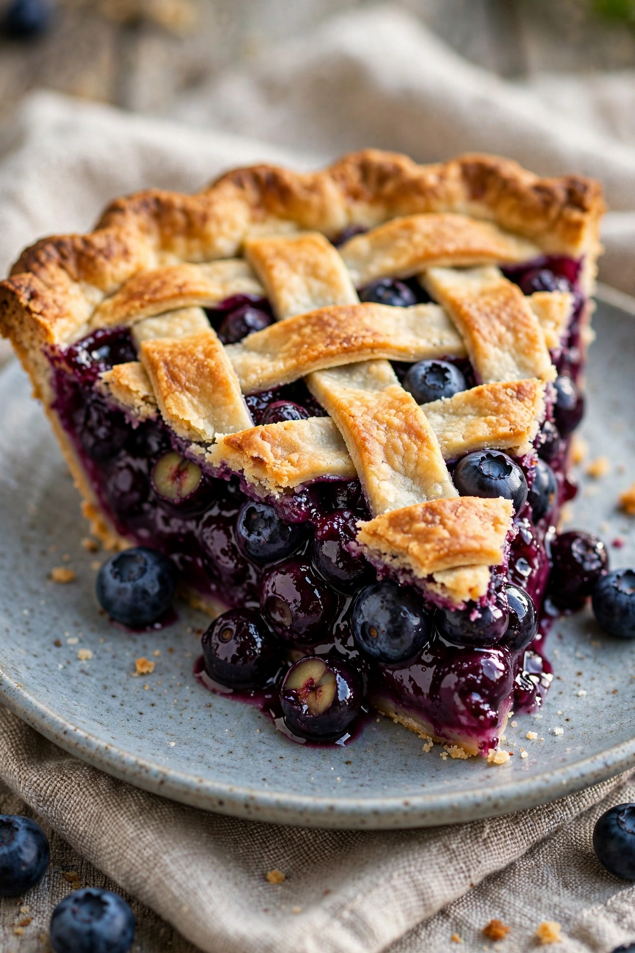Classic blueberry pie slice with lattice crust