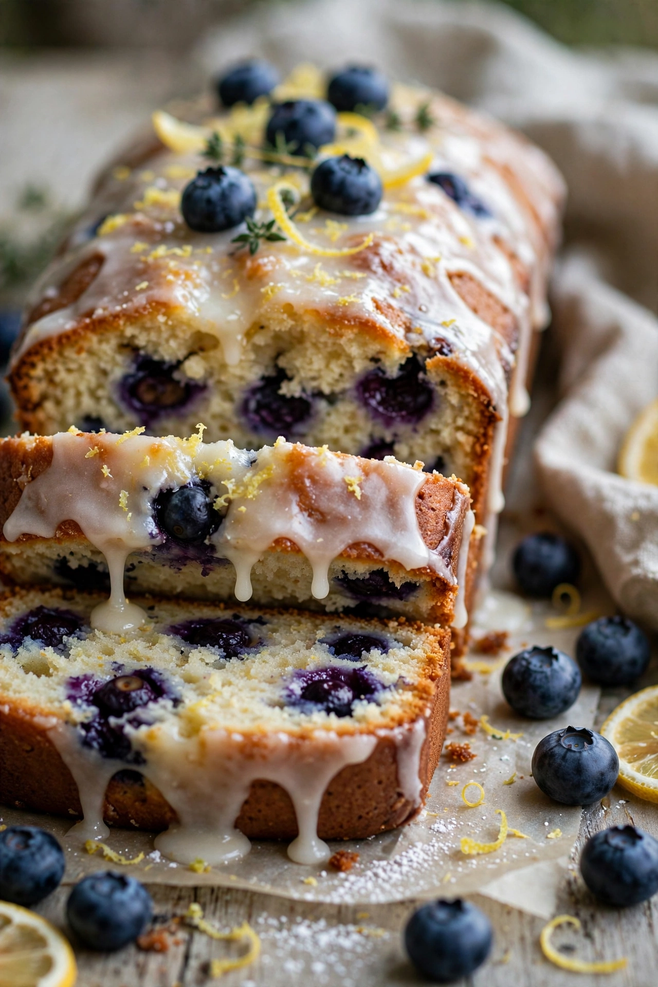 Blueberry lemon loaf sliced showing berries inside
