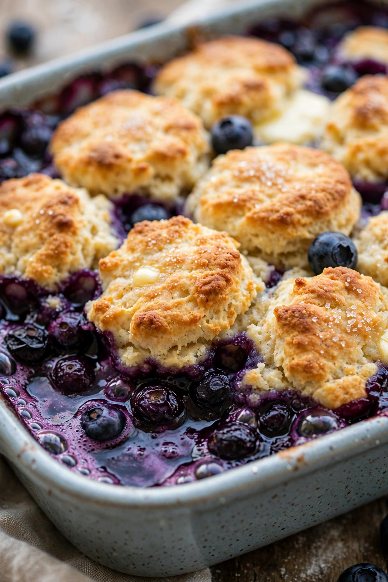 Blueberry cobbler with biscuit topping and bubbling fruit