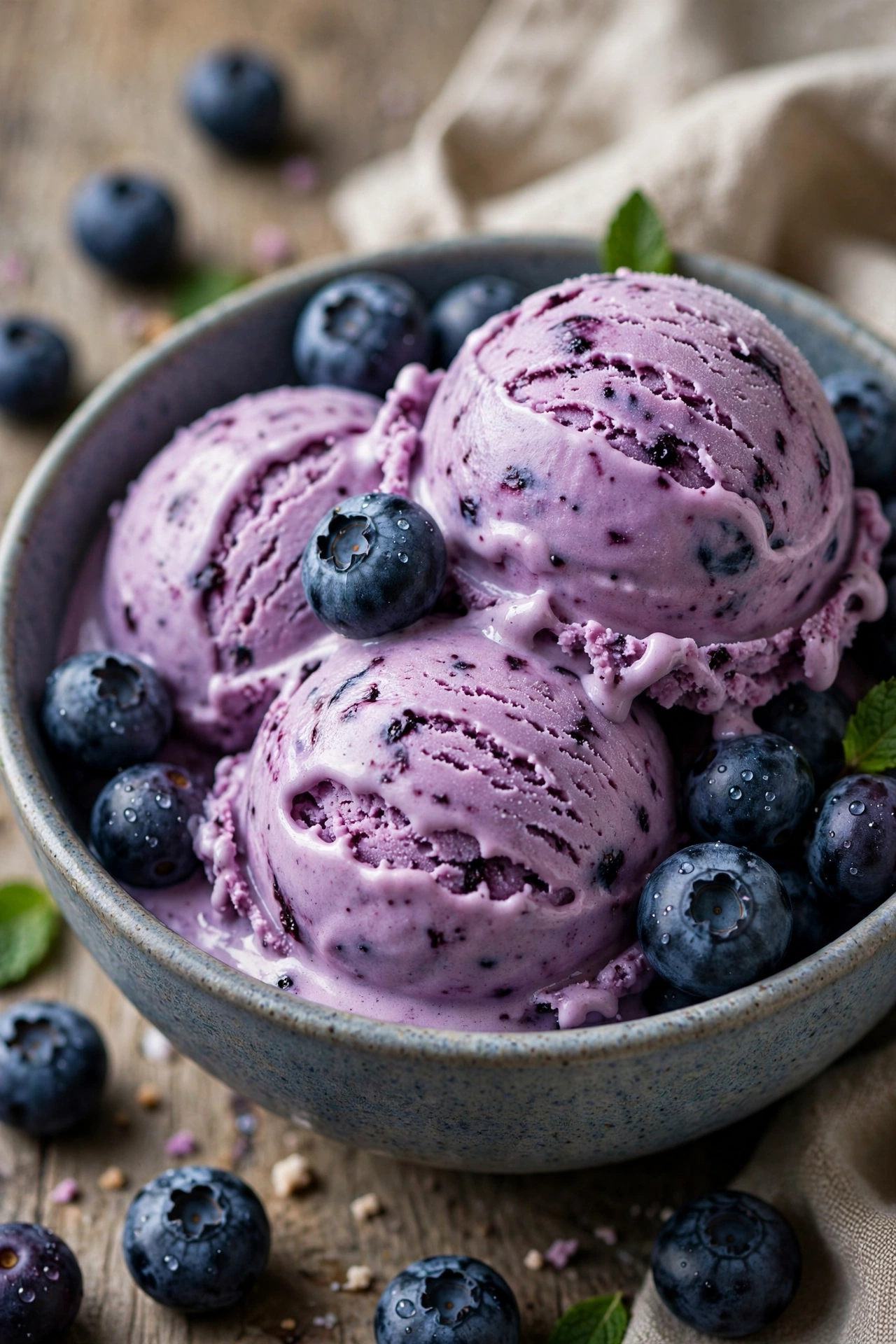 Blueberry ice cream scoops purple in a bowl