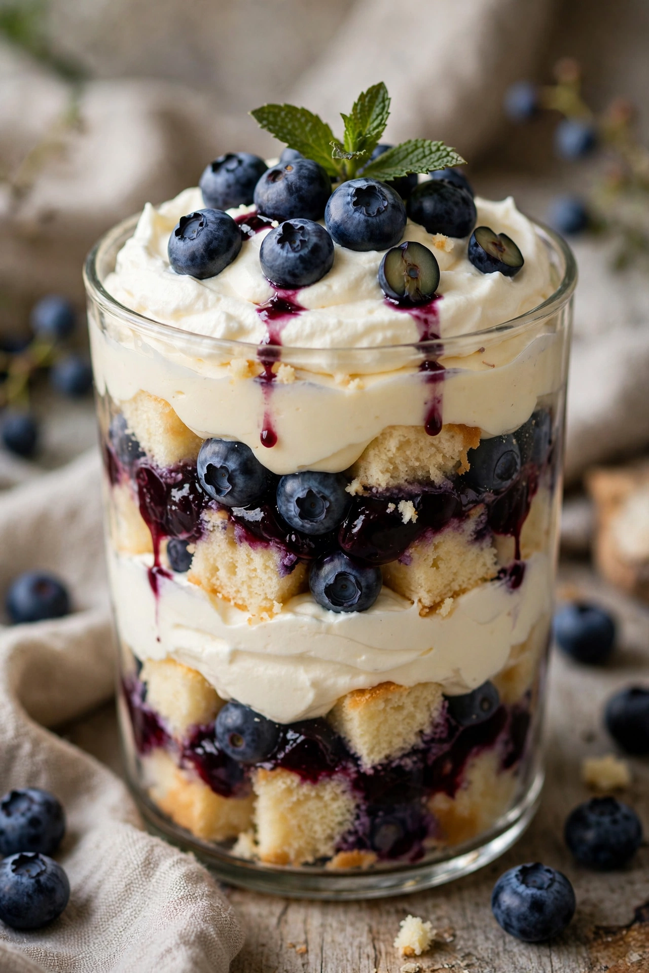 Blueberry trifle layered in a glass