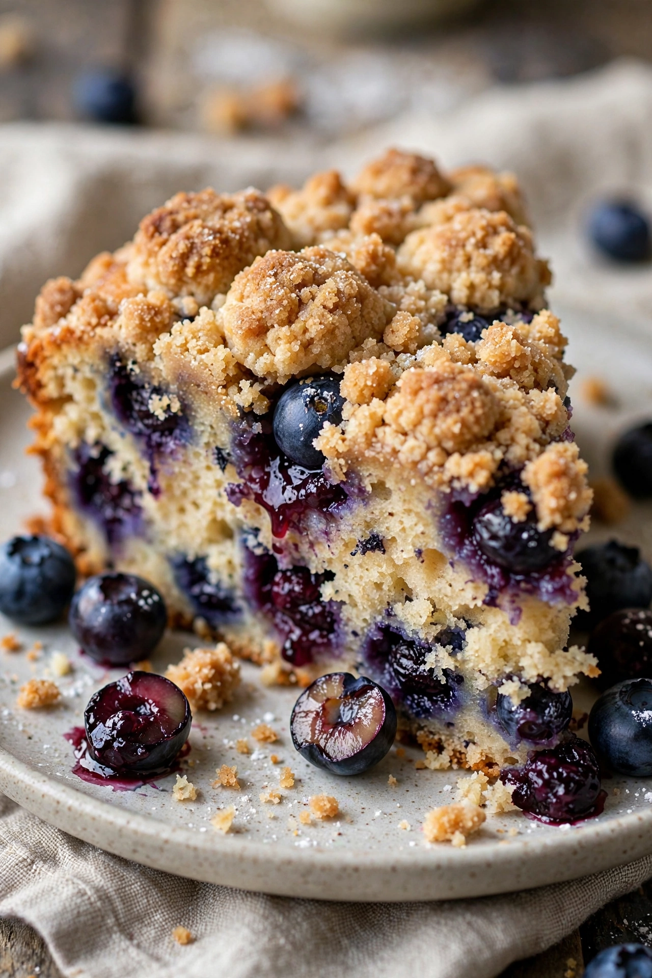 Blueberry coffee cake with streusel topping slice