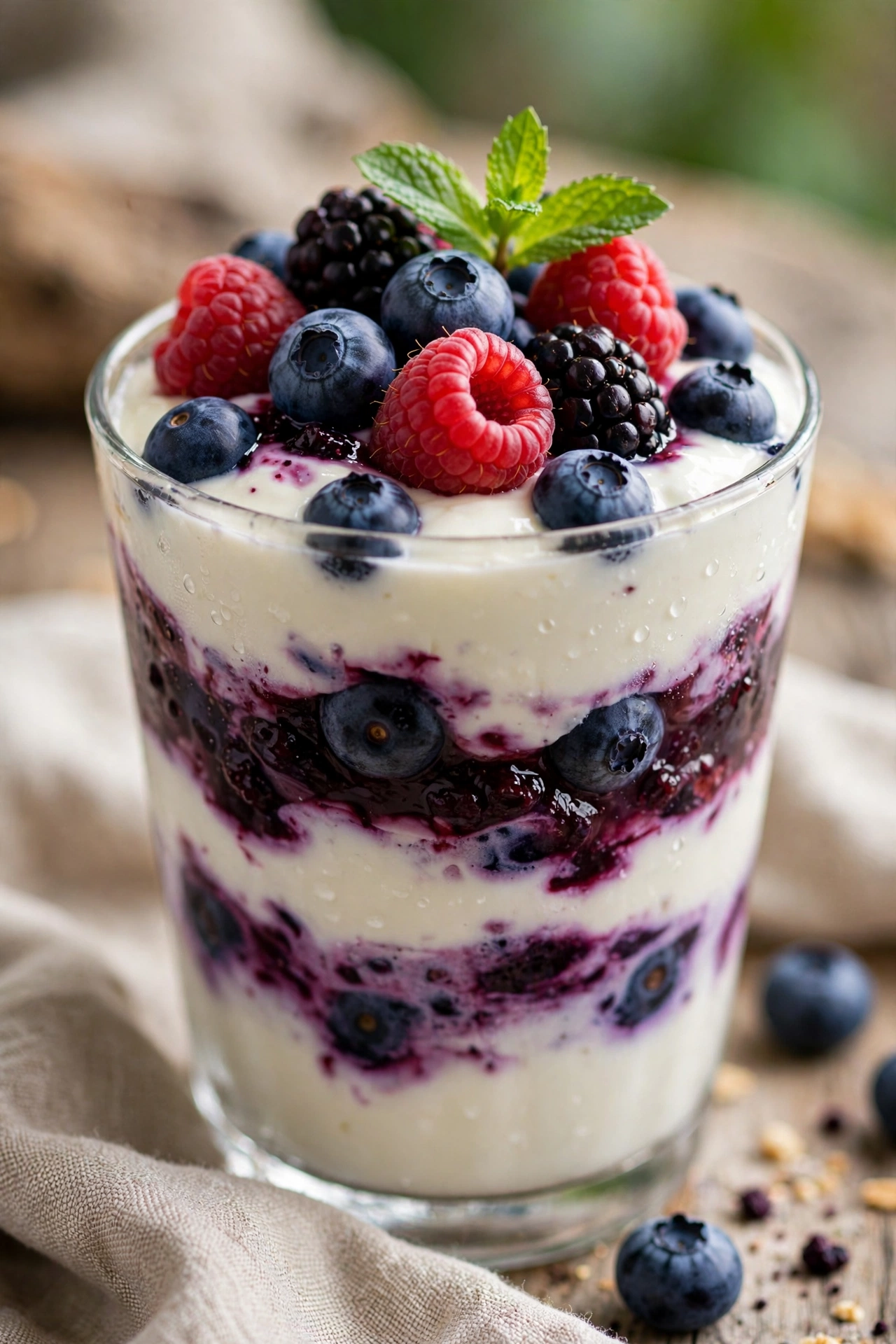 Blueberry parfait layered with yogurt in a glass