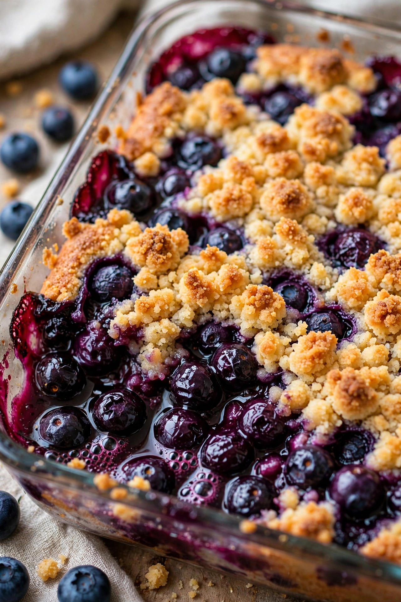 Blueberry dump cake golden with cake mix crumble