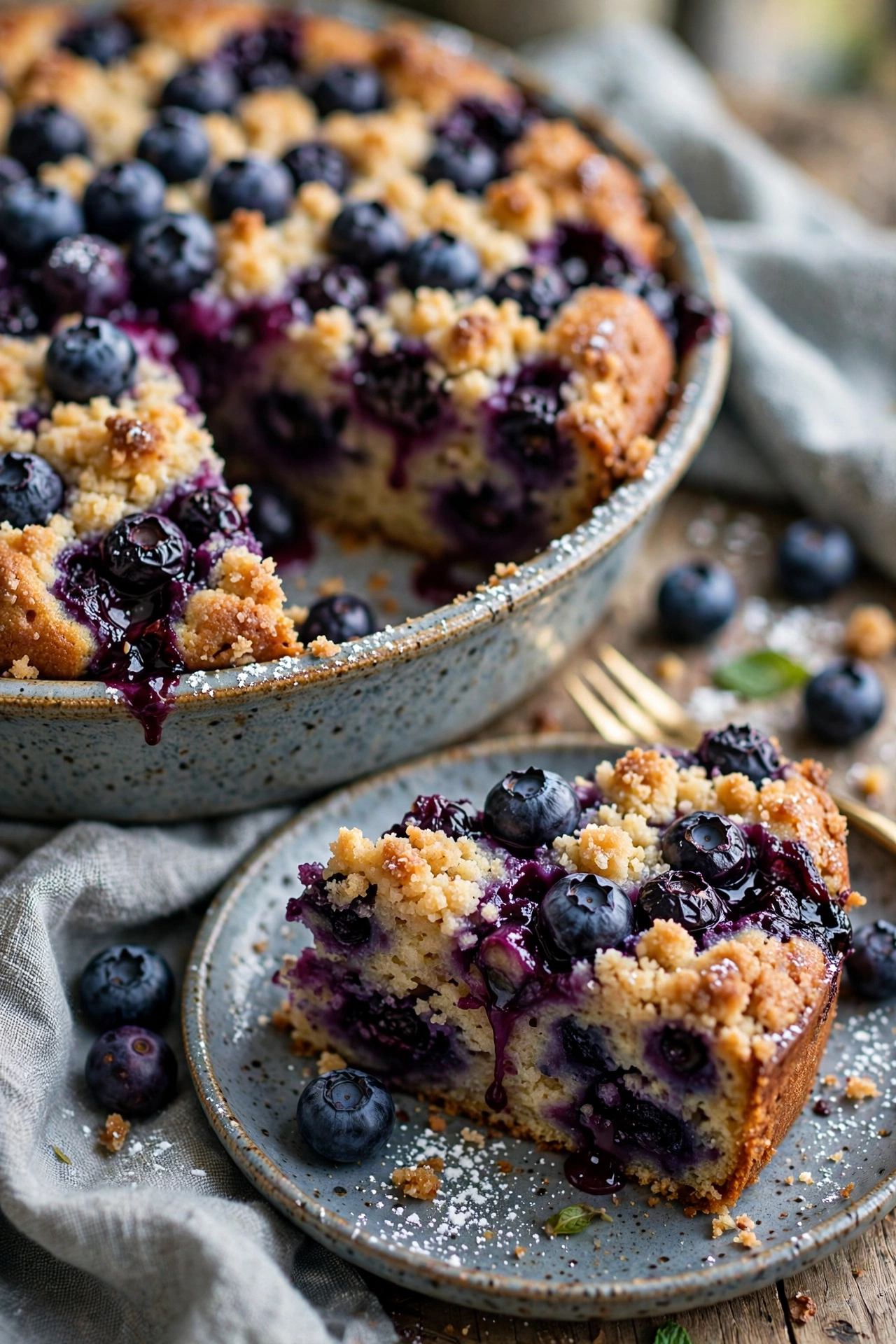 Blueberry buckle coffee cake with berries bursting