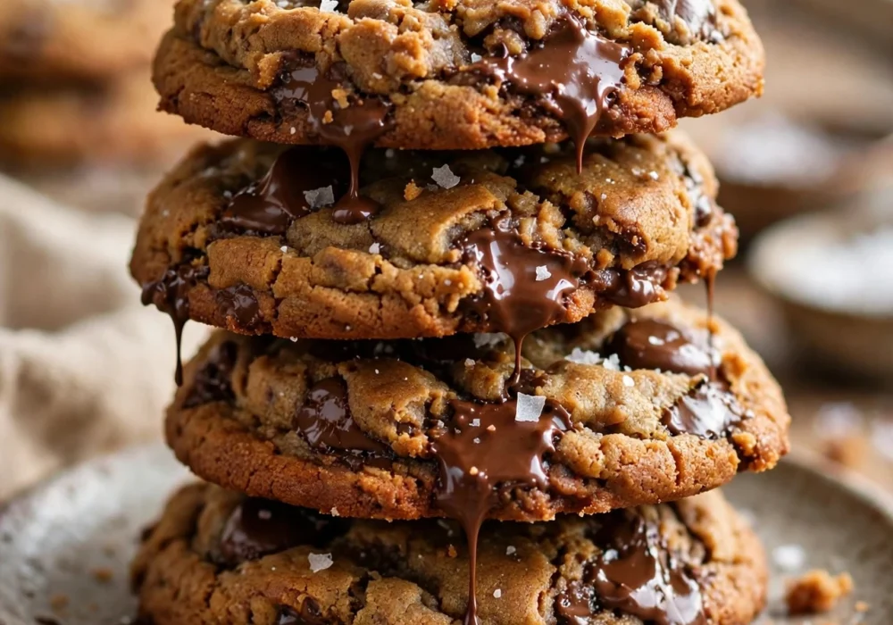 A stack of brown butter chocolate chip cookies with melted chocolate and flaky sea salt