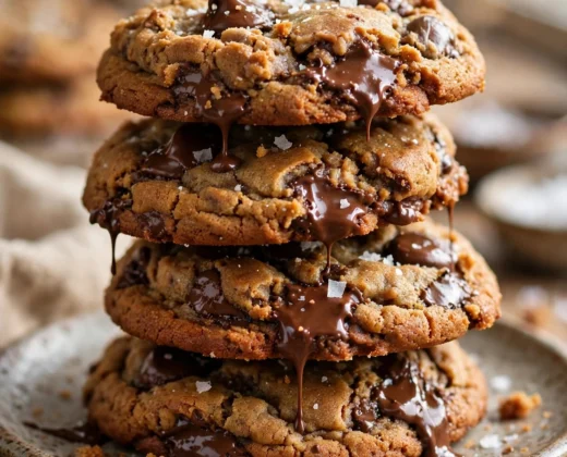 A stack of brown butter chocolate chip cookies with melted chocolate and flaky sea salt