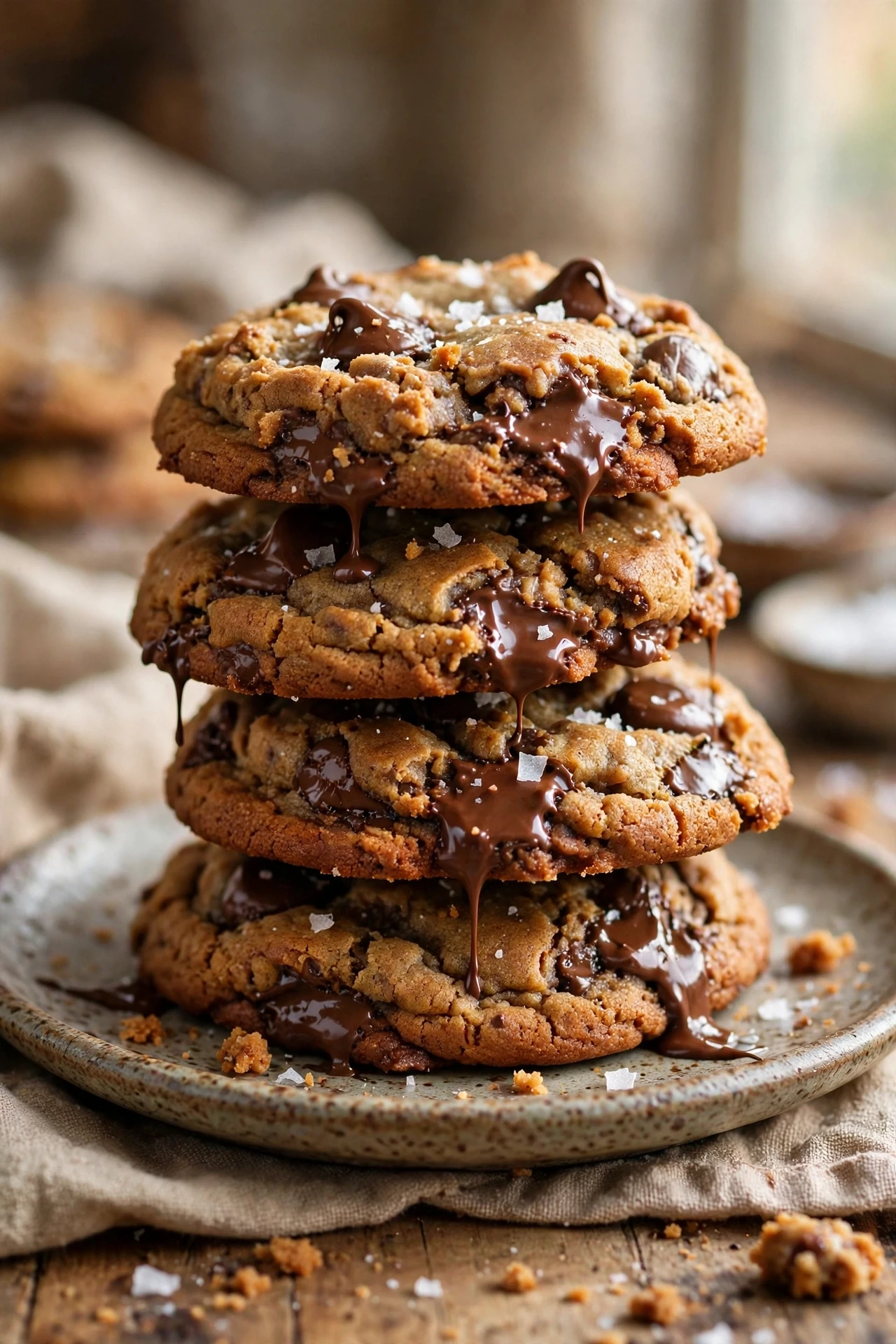 A stack of brown butter chocolate chip cookies with melted chocolate and flaky sea salt