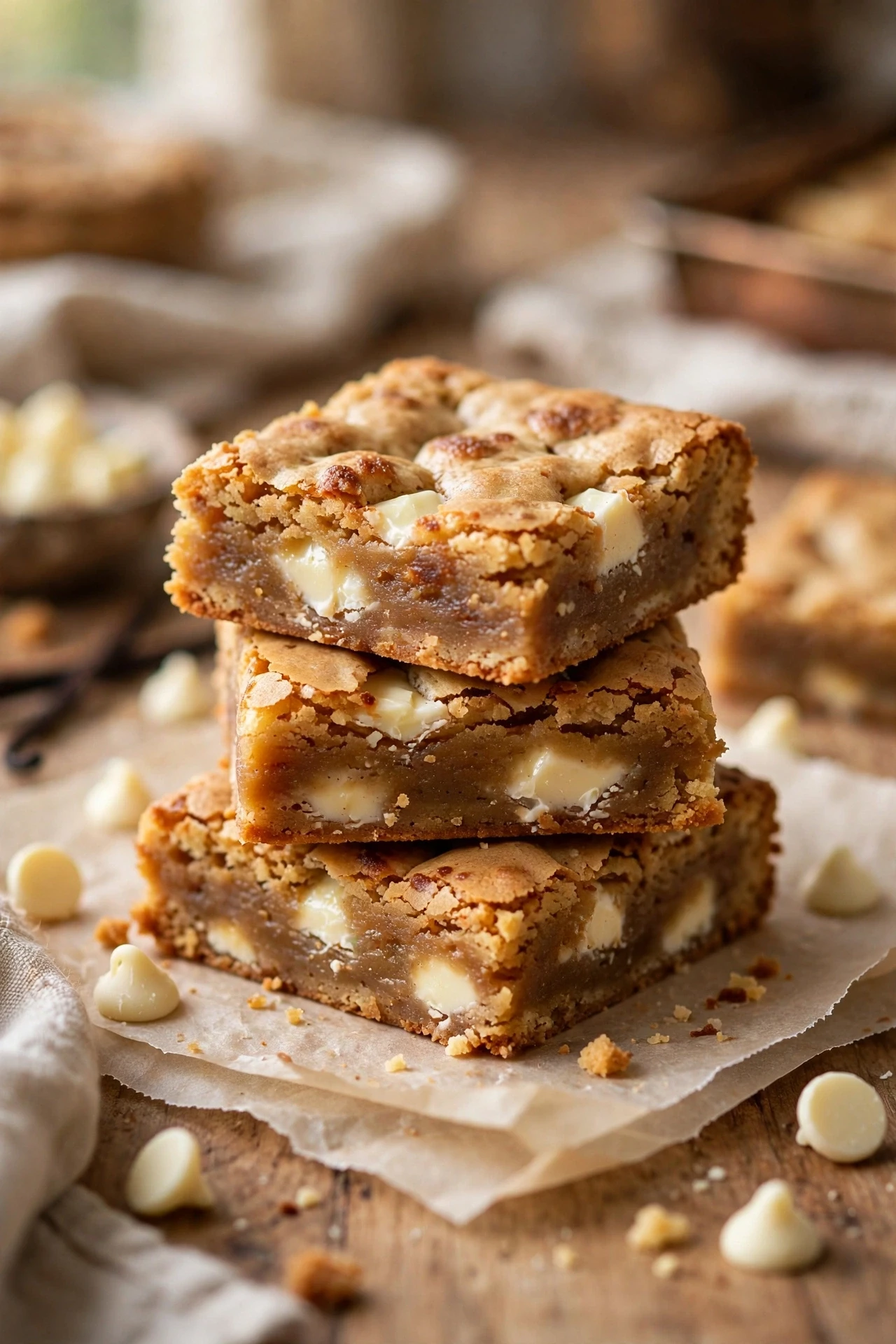 A stack of chewy brown butter blondies with white chocolate chunks and crinkly tops