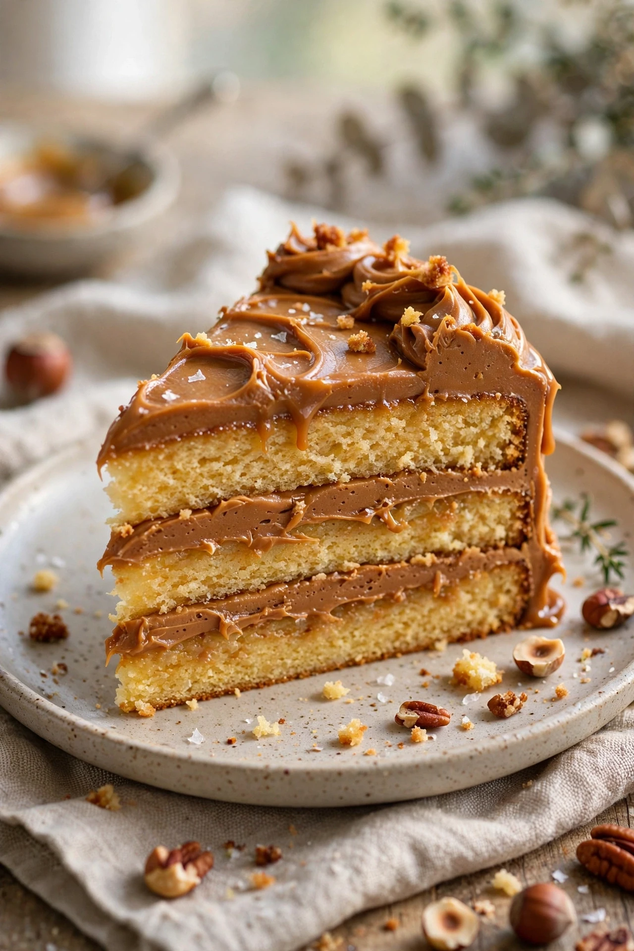 A tall slice of brown butter vanilla layer cake with silky frosting and vanilla bean flecks