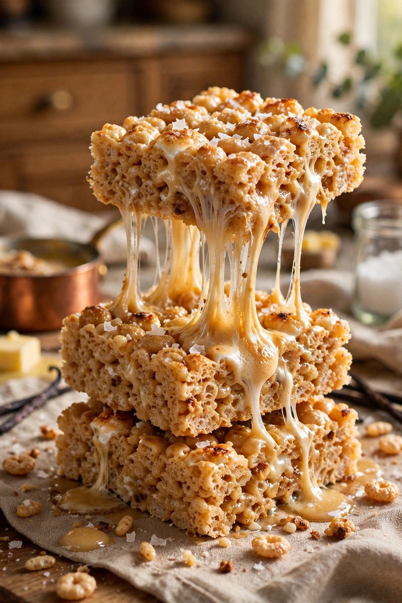 A stack of golden brown butter rice krispie treats with gooey marshmallow and flaky salt