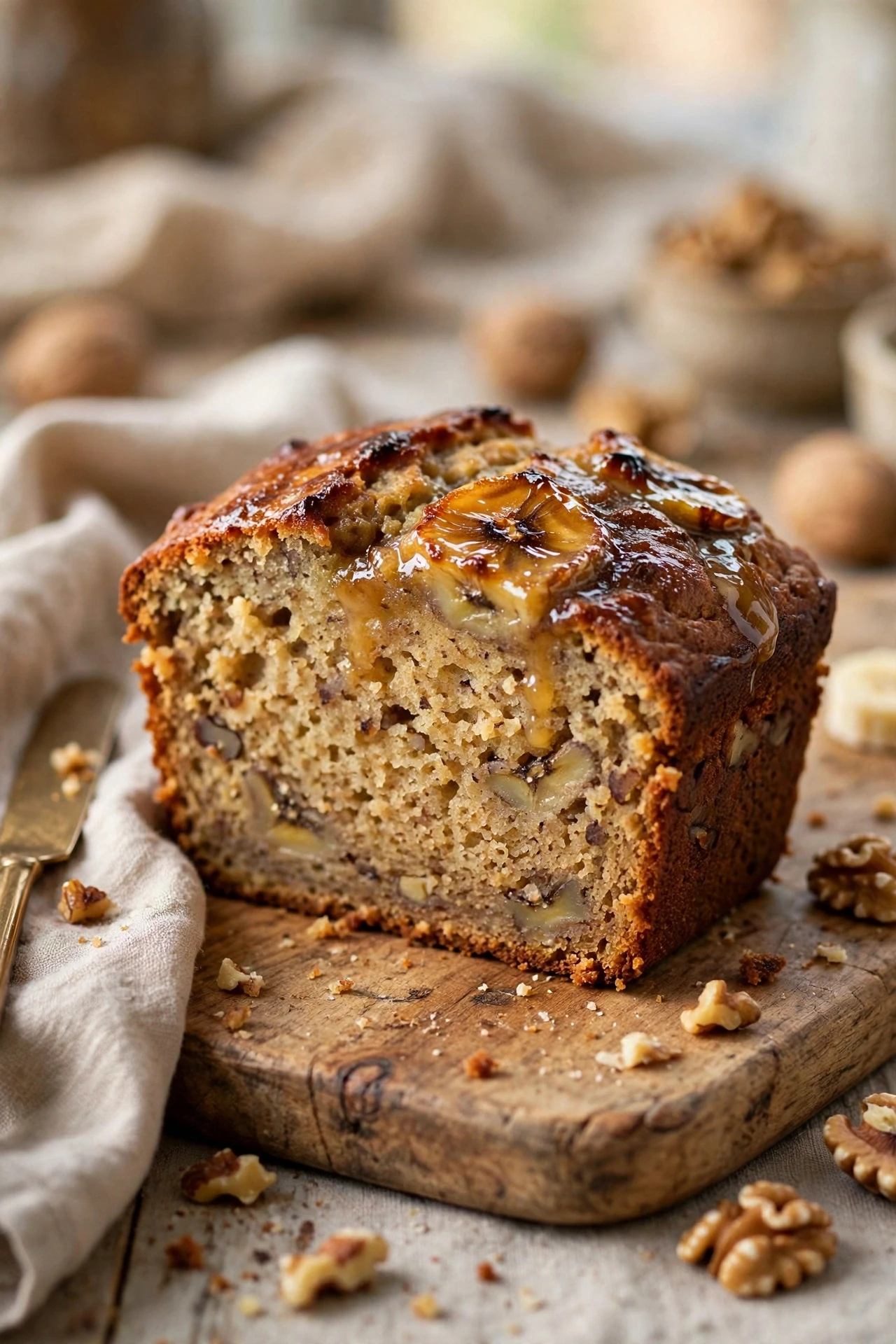 A thick slice of moist brown butter banana bread with a golden sugary crust