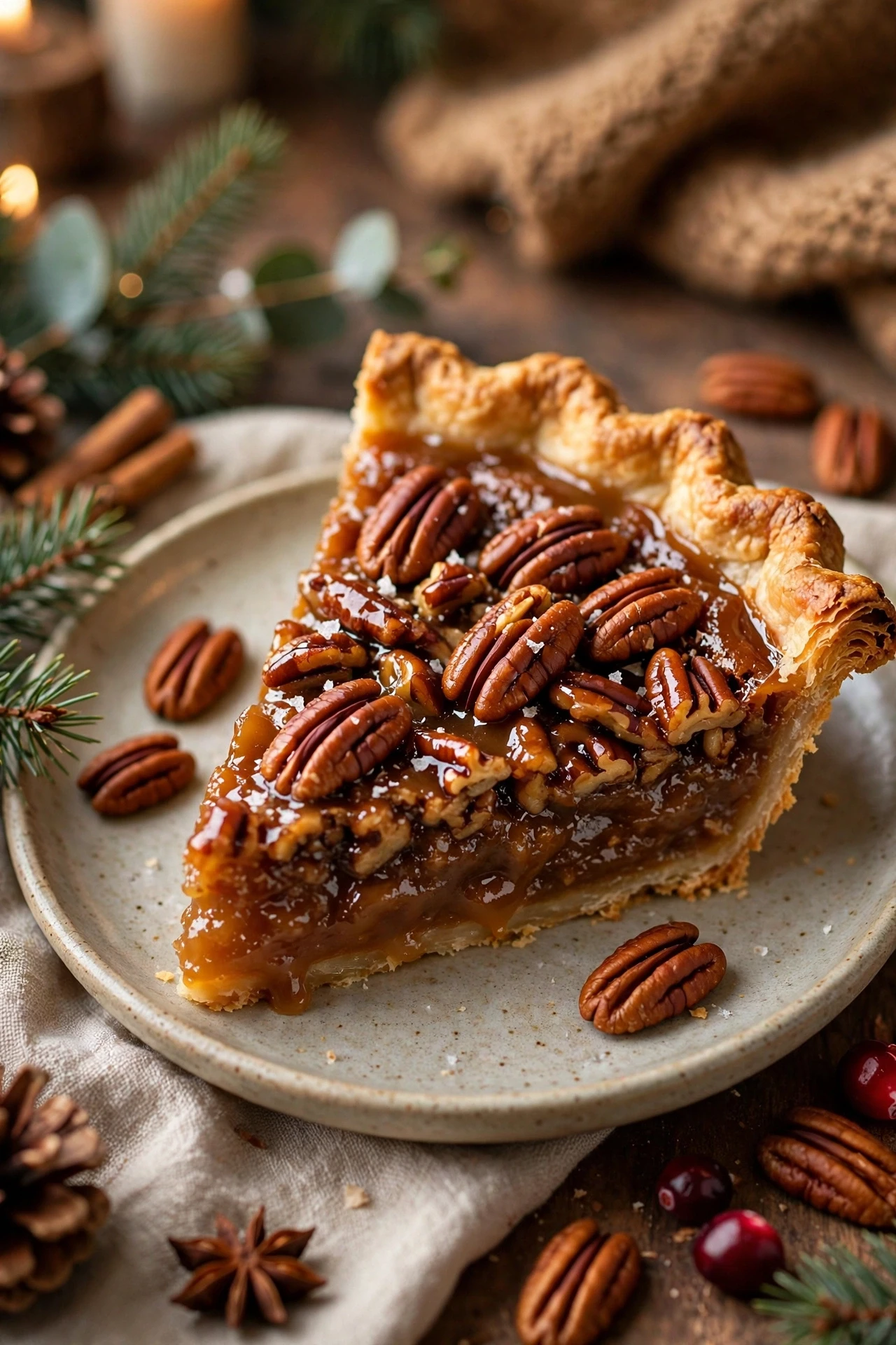 A slice of brown butter pecan pie with glossy caramel filling and toasted pecans