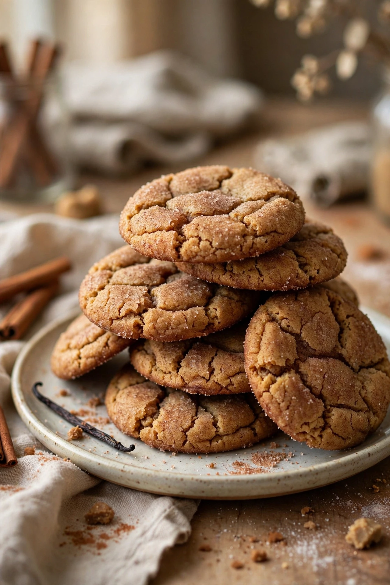 Soft brown butter snickerdoodles rolled in cinnamon sugar with crackled tops