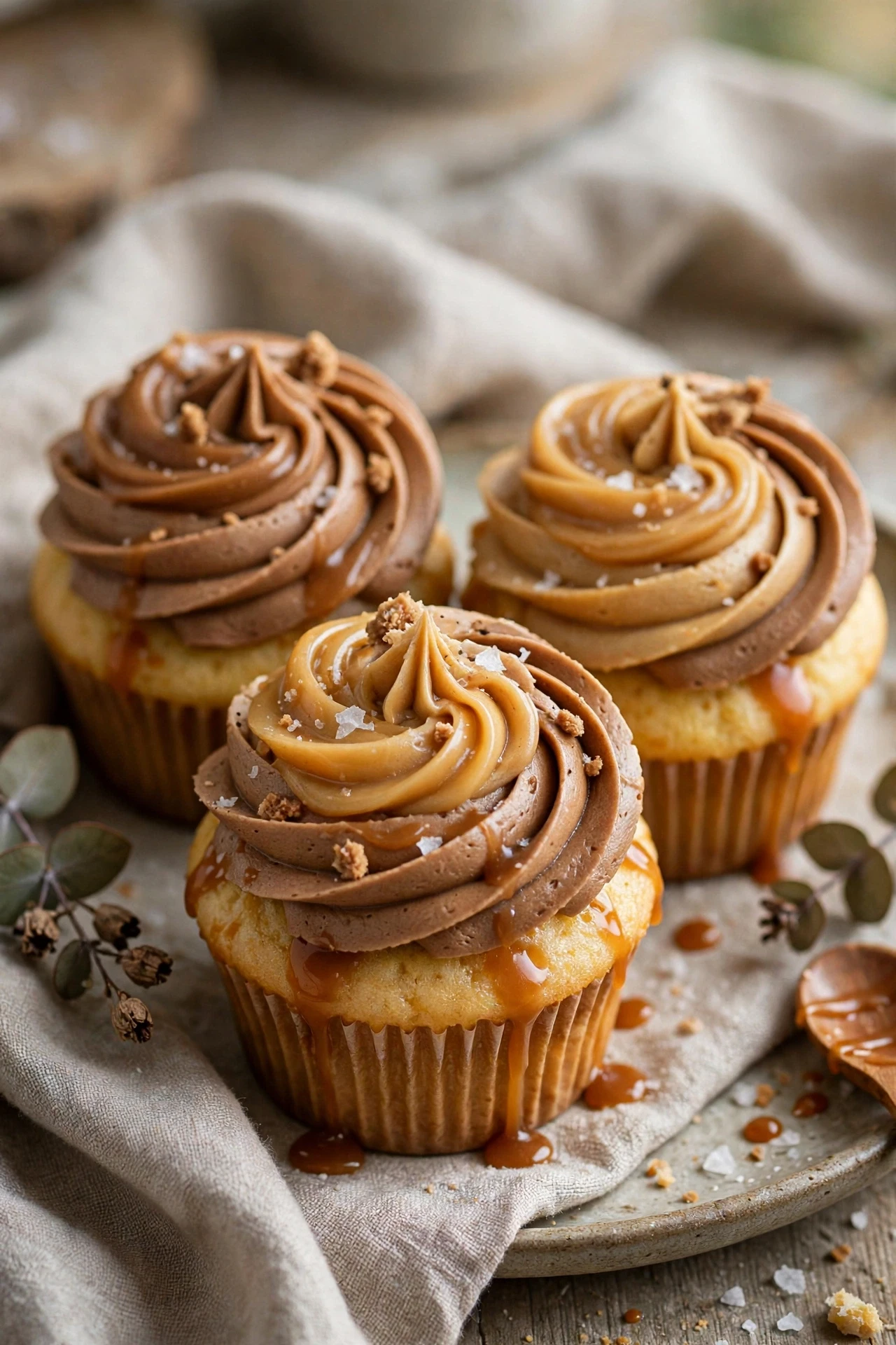 Vanilla cupcakes swirled with silky brown butter frosting and a pinch of flaky salt