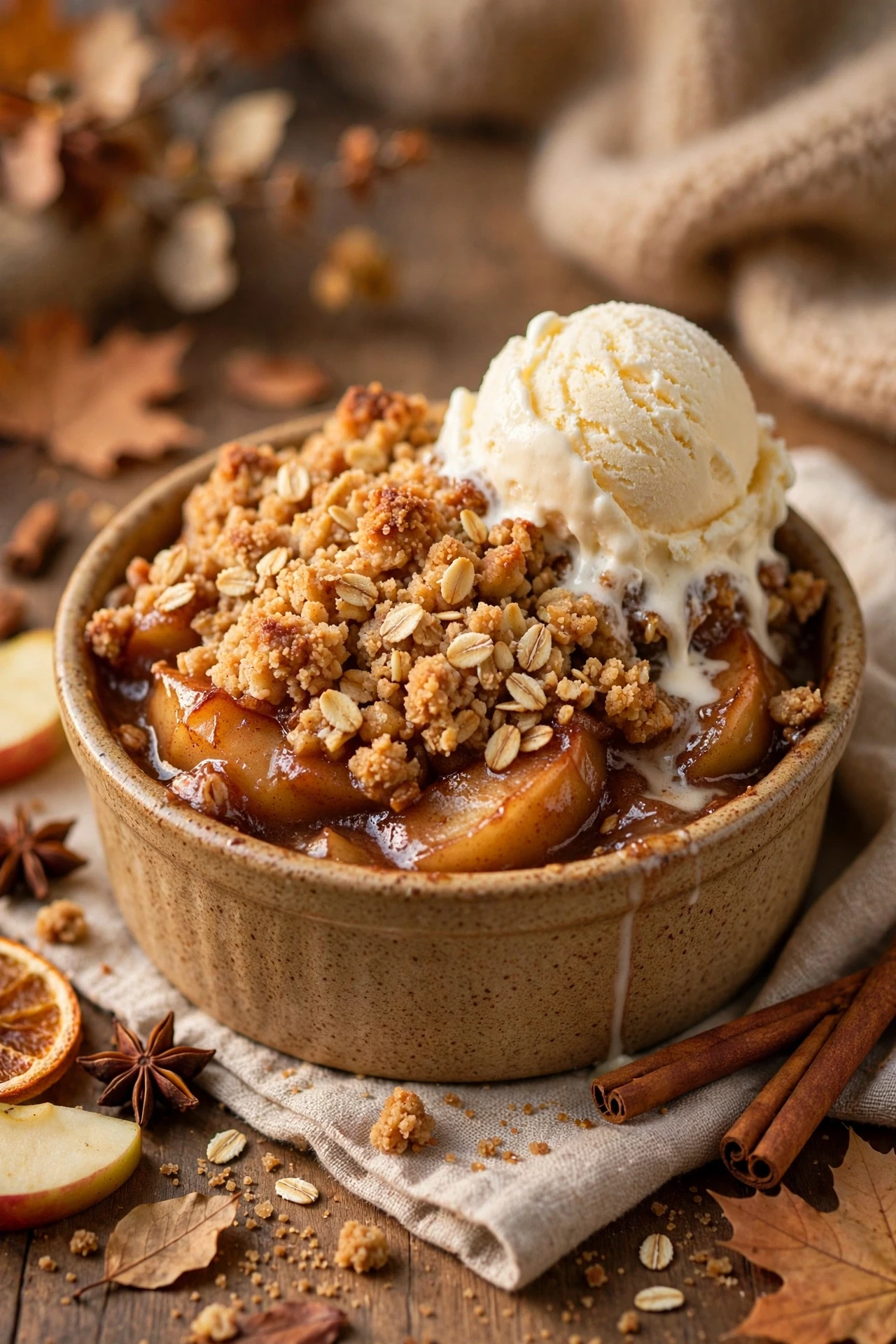 A warm brown butter apple crisp with golden oat topping served in a baking dish