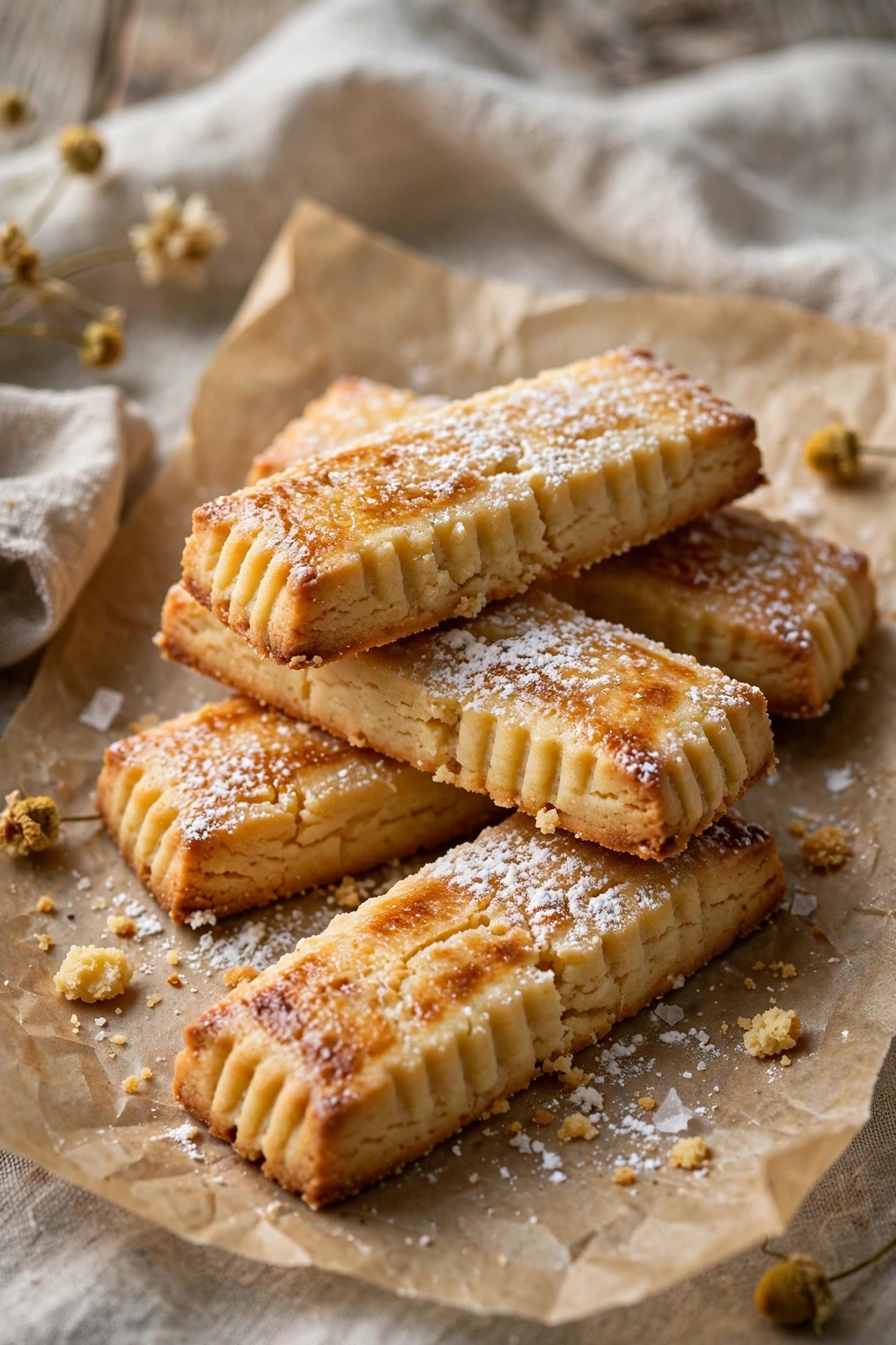 Buttery brown butter shortbread fingers dusted with coarse sugar on a plate