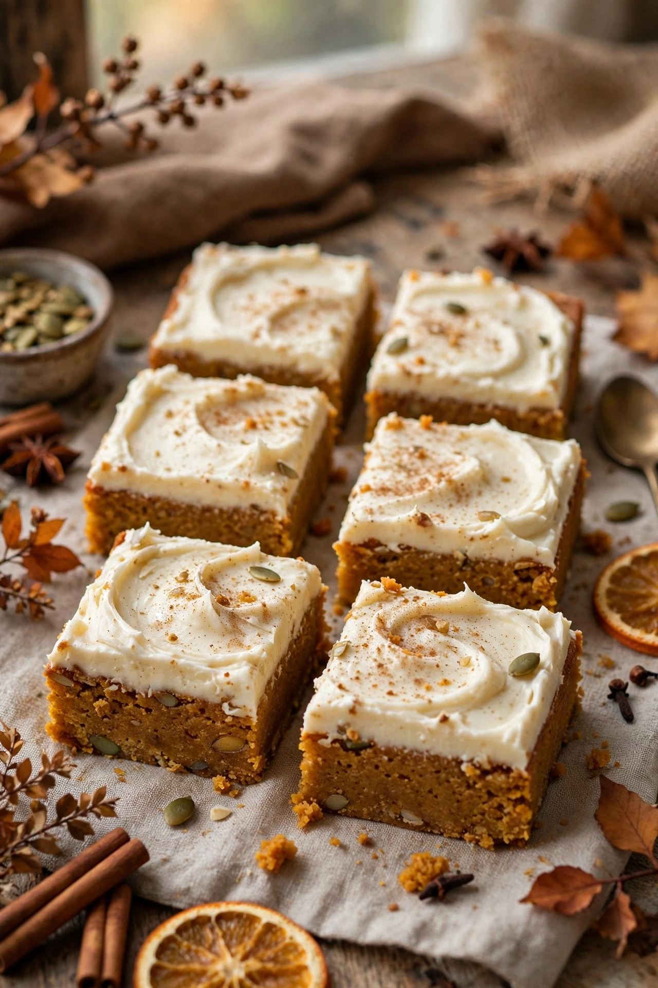 Brown butter pumpkin bars with tangy cream cheese frosting and a dusting of cinnamon