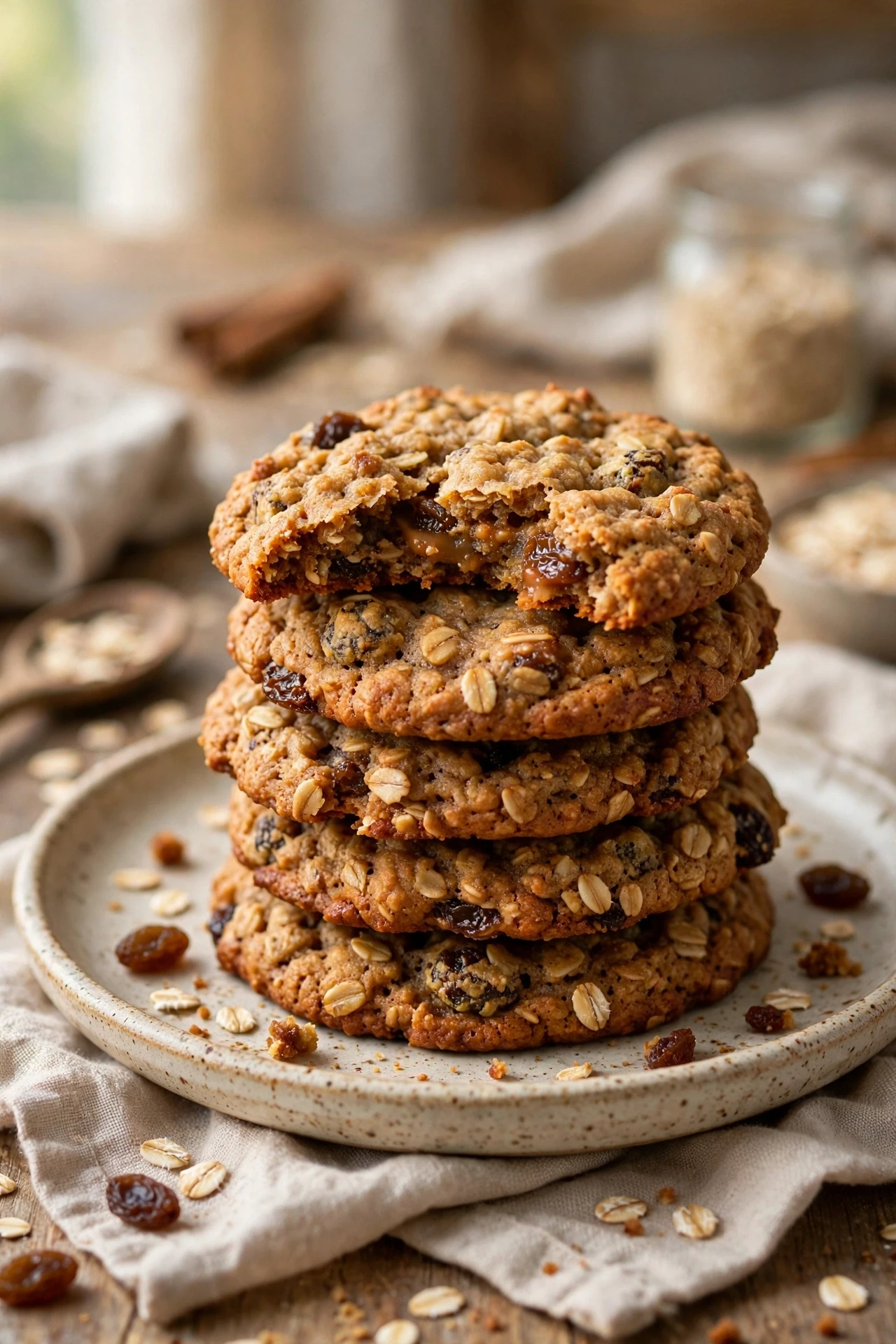 Thick and chewy brown butter oatmeal cookies studded with raisins and toasted pecans