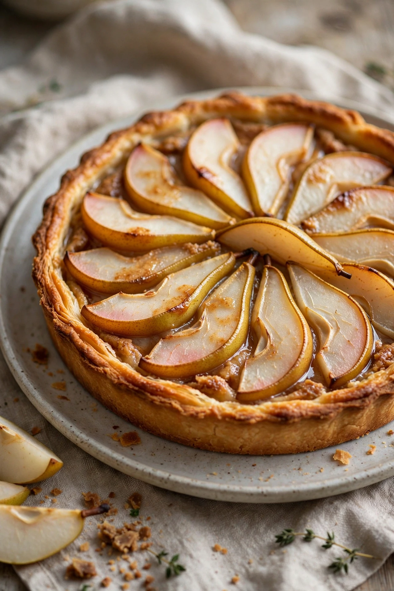 An elegant brown butter pear tart with fanned pear slices over golden almond frangipane