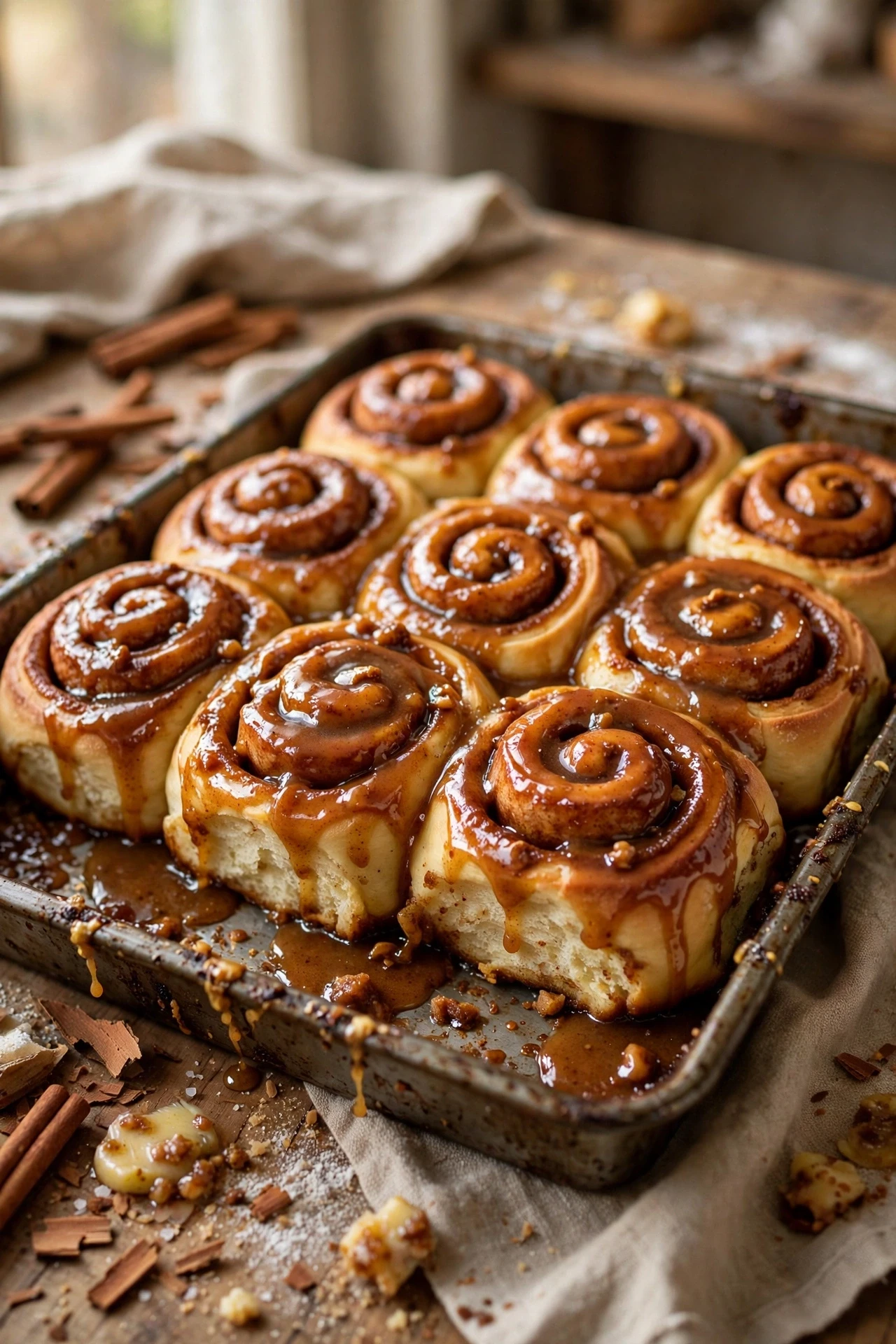 Fluffy brown butter cinnamon rolls with swirls of cinnamon and dripping caramel glaze
