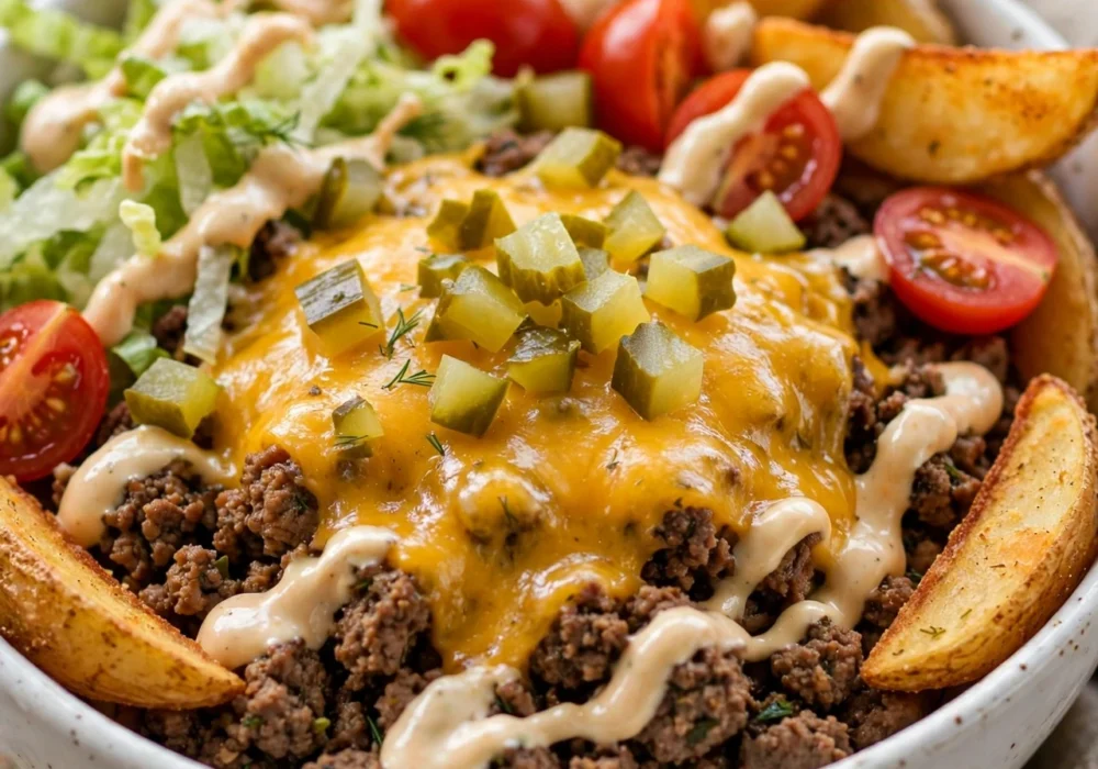 Classic cheeseburger bowl with beef, cheddar, pickles and lettuce