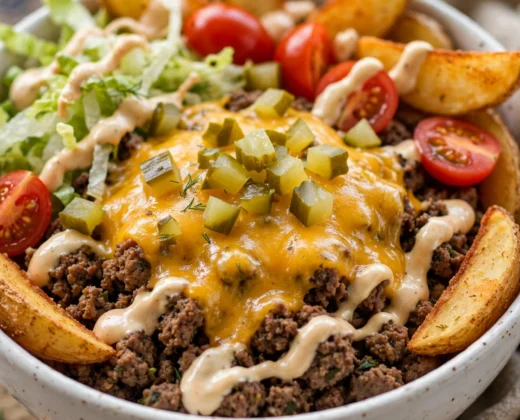 Classic cheeseburger bowl with beef, cheddar, pickles and lettuce