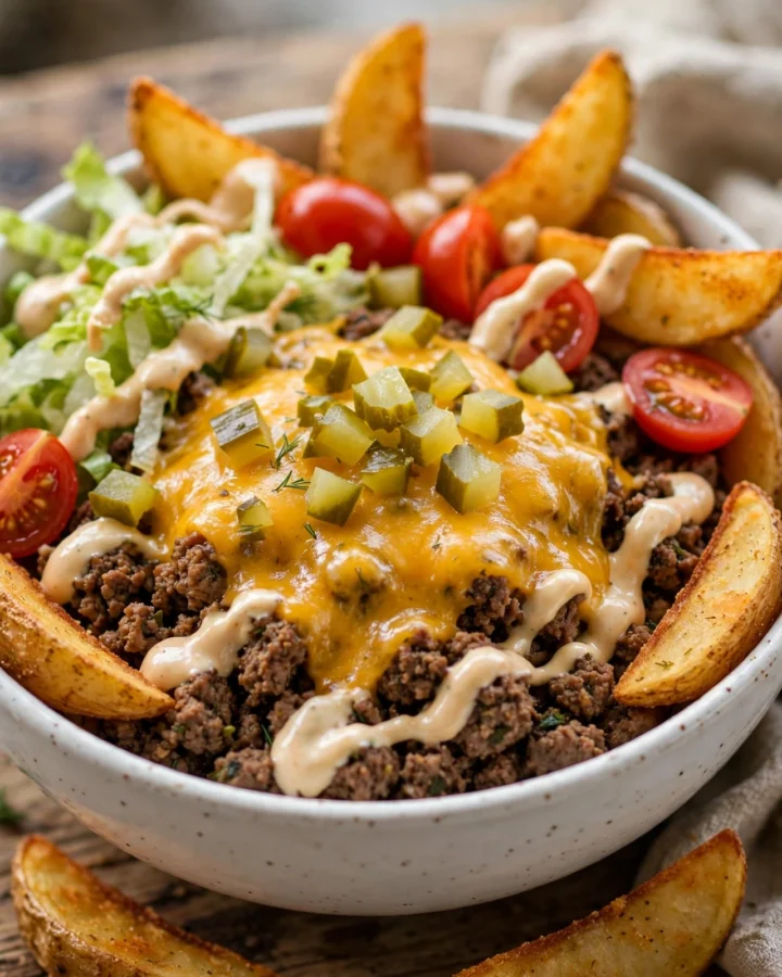 Classic cheeseburger bowl with beef, cheddar, pickles and lettuce