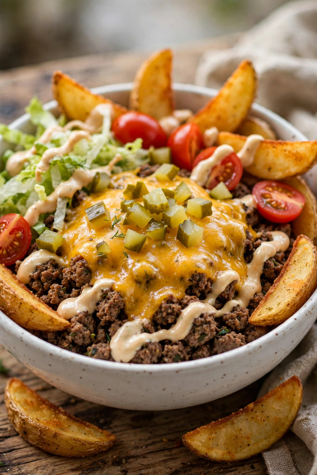 Classic cheeseburger bowl with beef, cheddar, pickles and lettuce