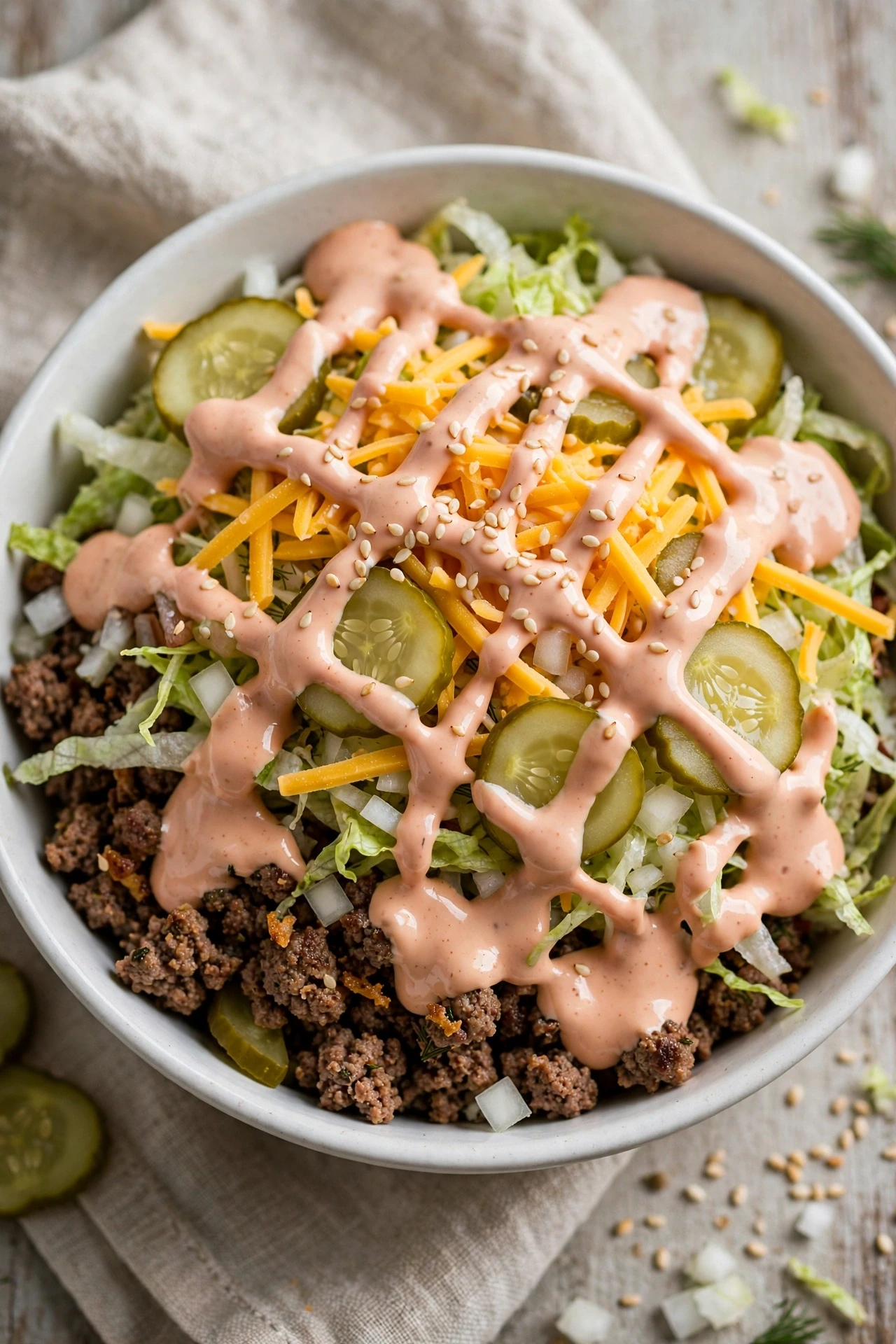 Big mac burger bowl with special sauce, pickles and sesame
