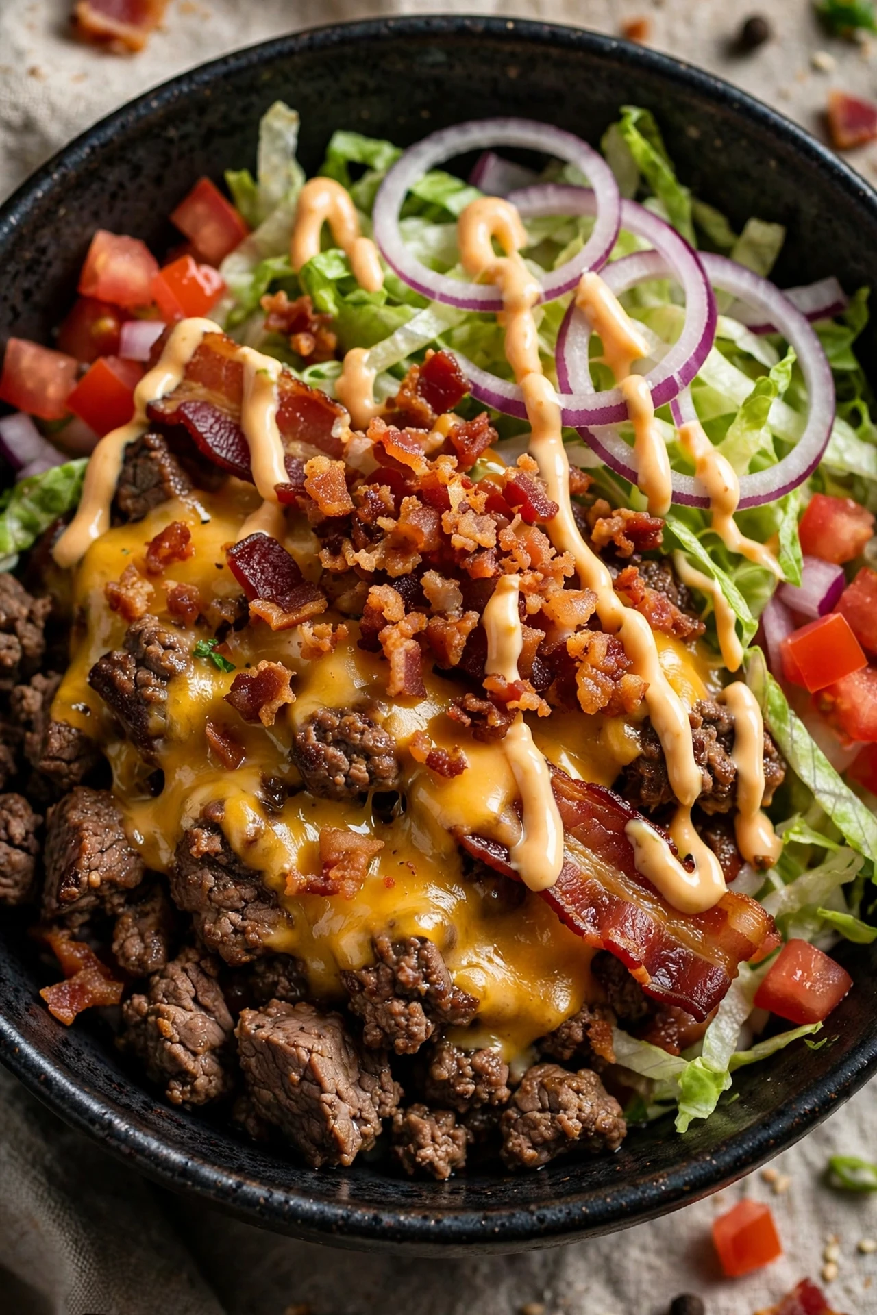 Bacon burger bowl with crispy bacon, cheddar and ranch drizzle