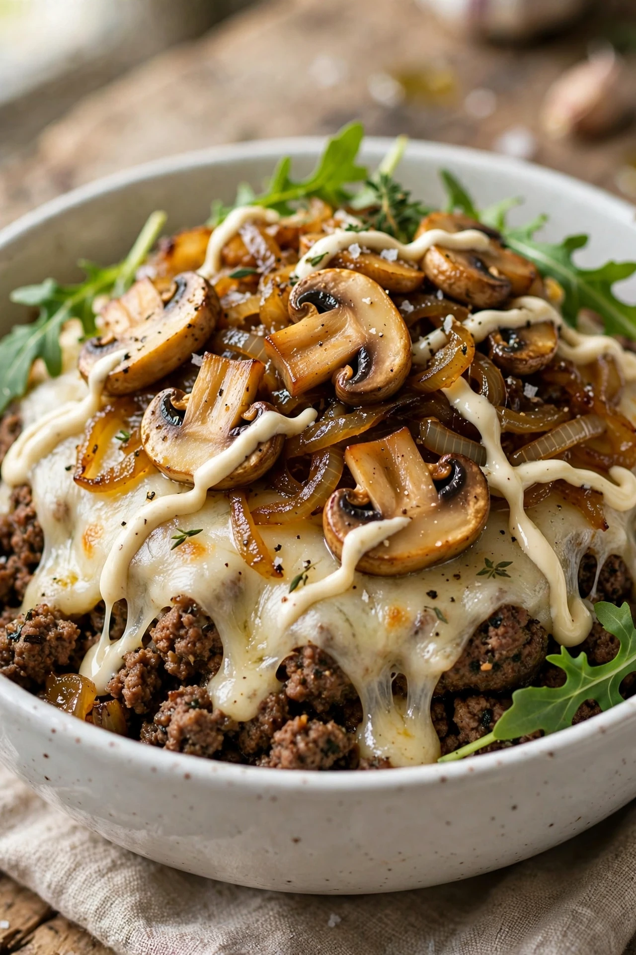 Mushroom swiss burger bowl with sauteed mushrooms and melted swiss