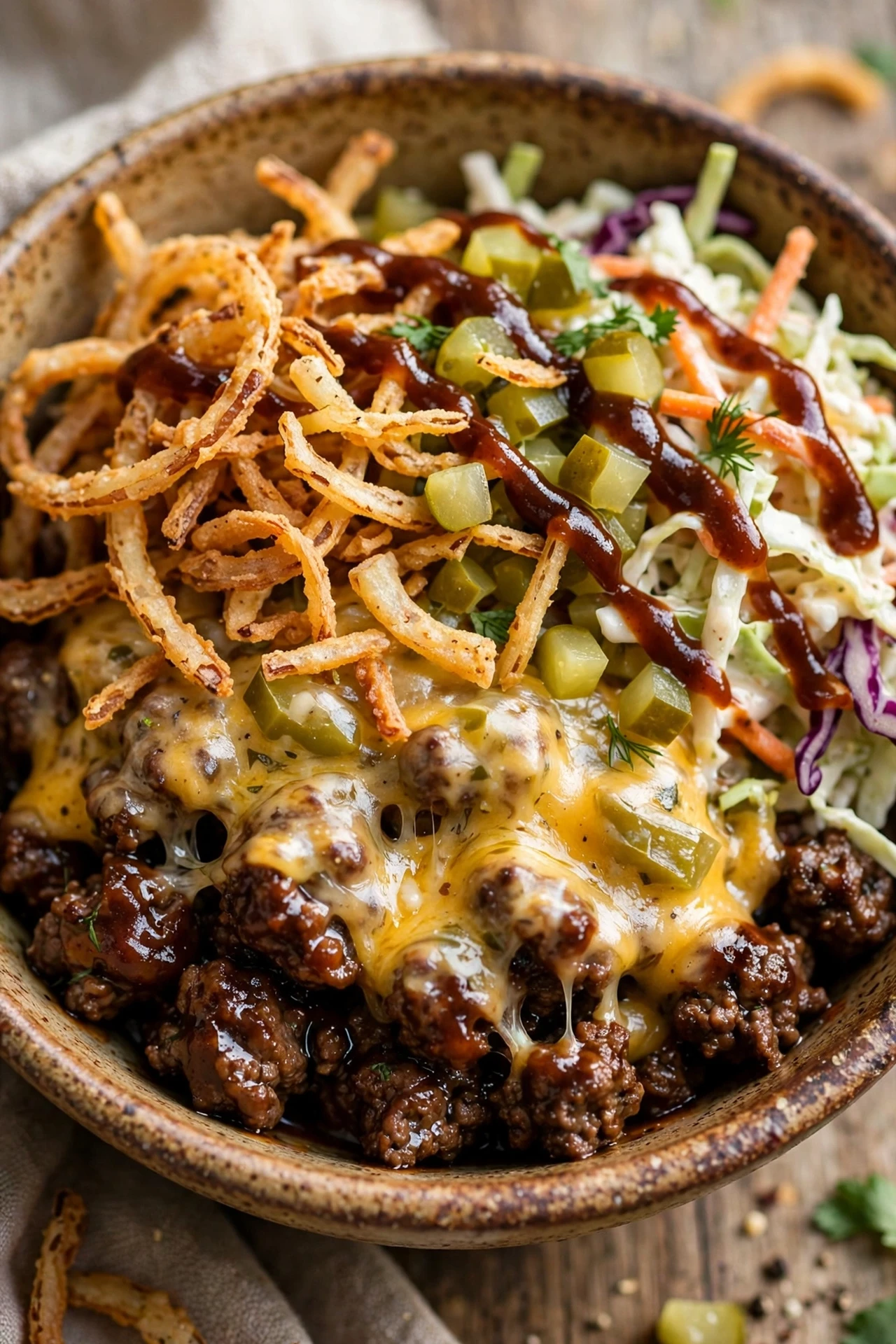 BBQ burger bowl with crispy onions, cheddar and bbq sauce