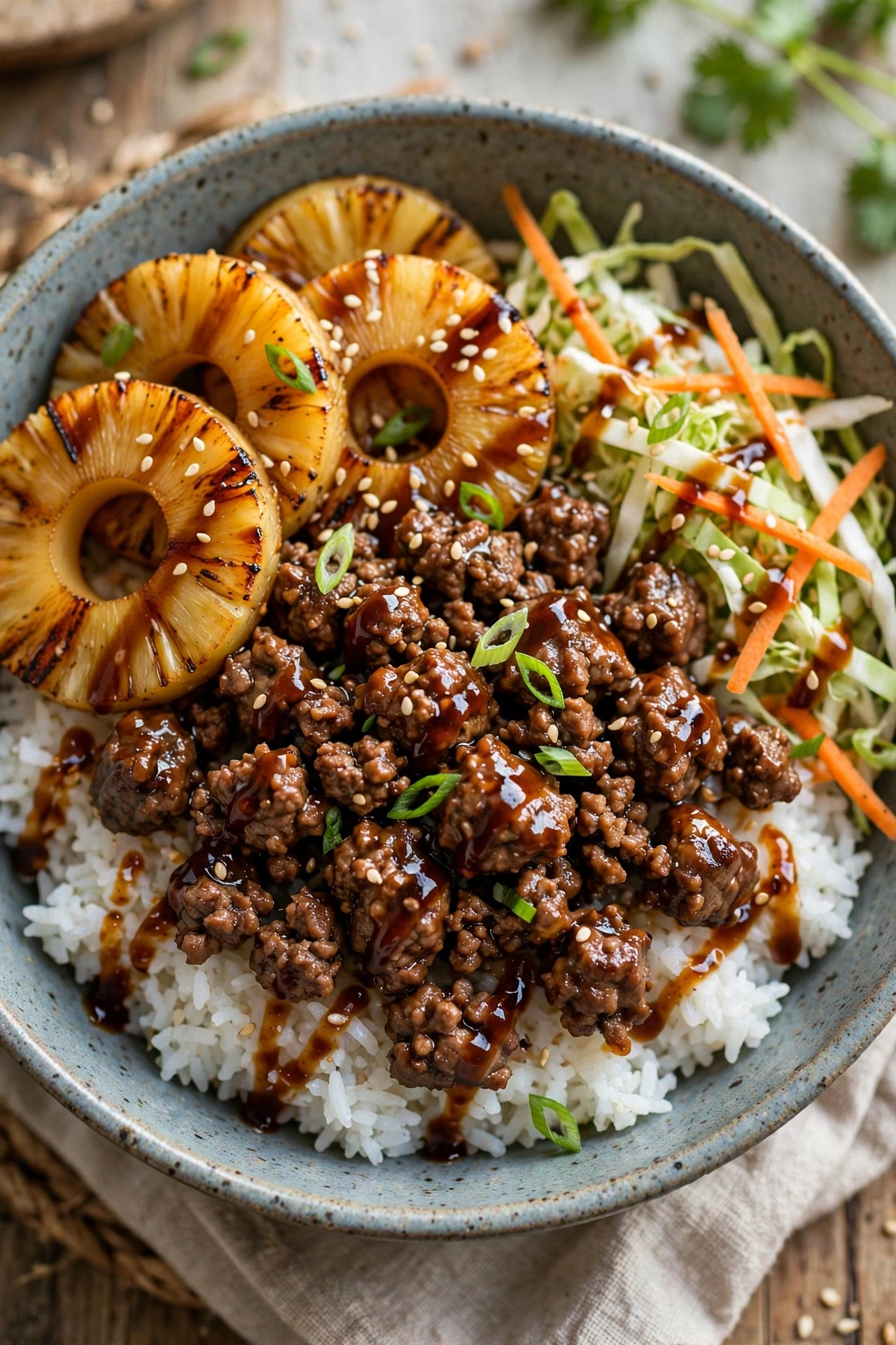 Teriyaki burger bowl with glazed beef, rice and sesame