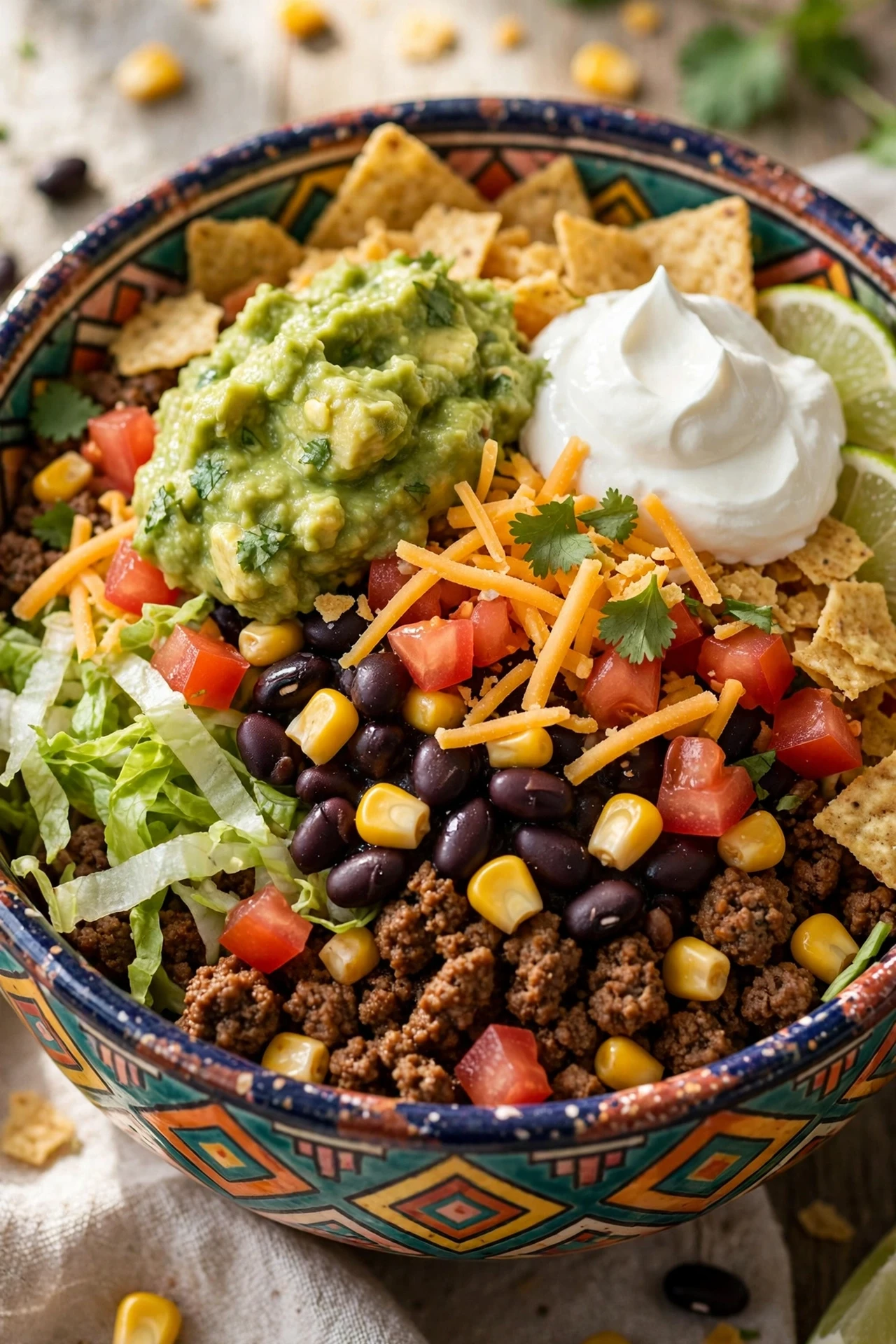Taco burger bowl with seasoned beef, cheese and salsa