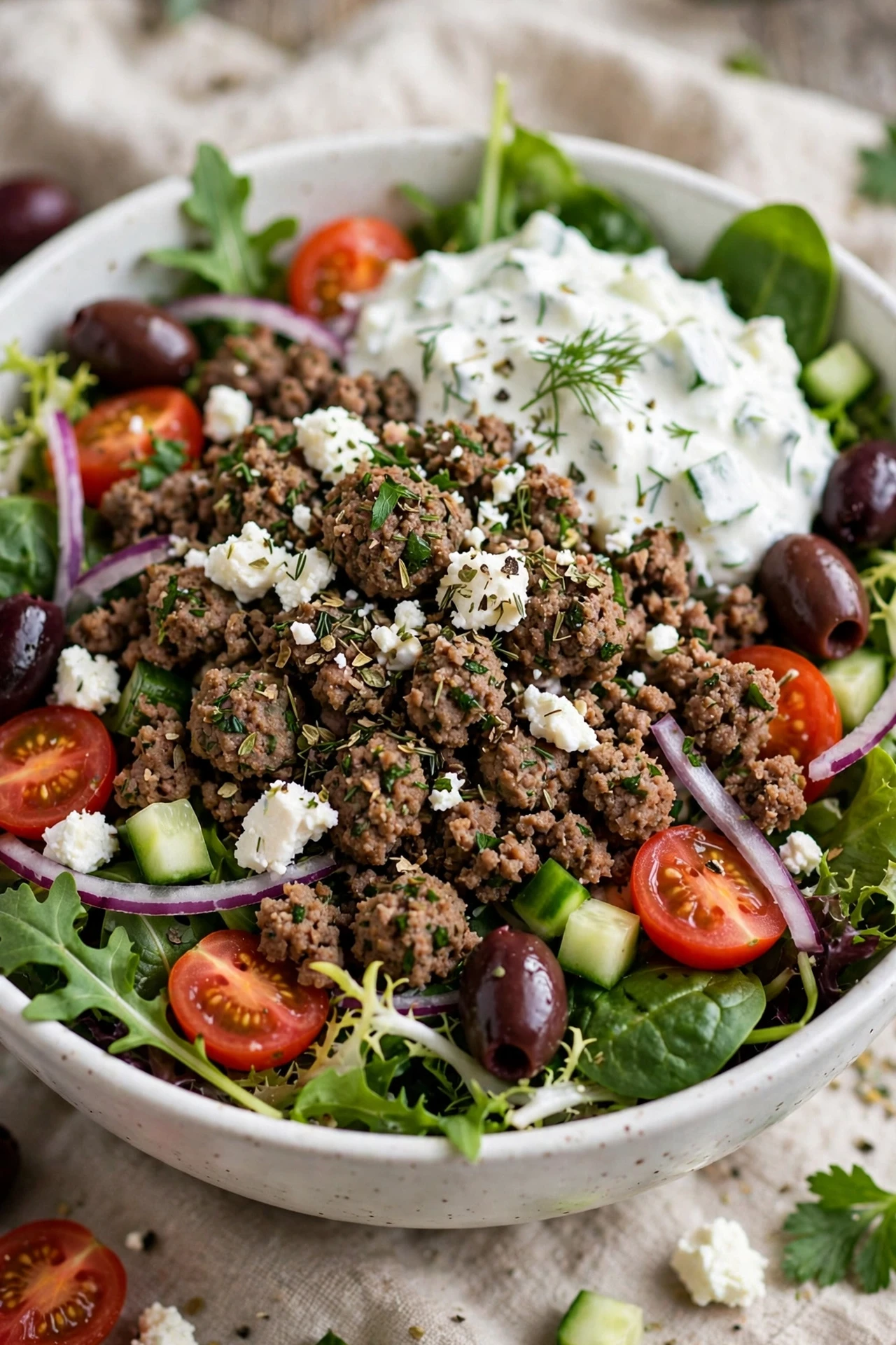 Greek burger bowl with feta, olives, cucumber and tzatziki