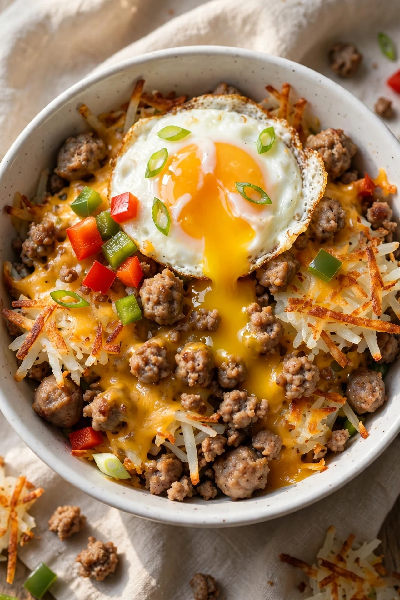 Breakfast burger bowl with fried egg, hash browns and sausage