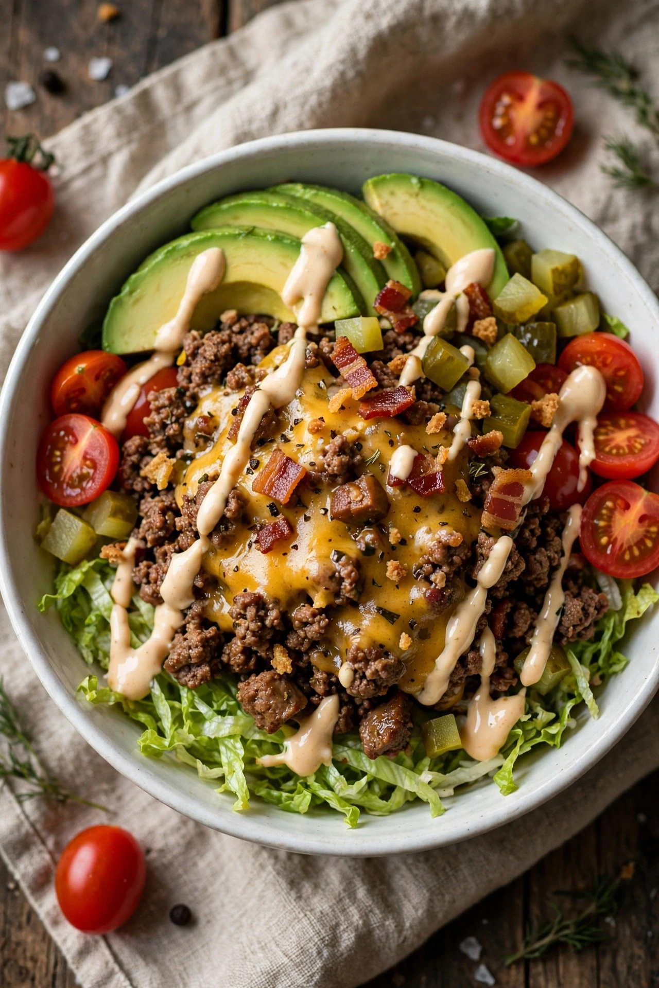 Keto burger bowl with beef, cheese, bacon and avocado over lettuce