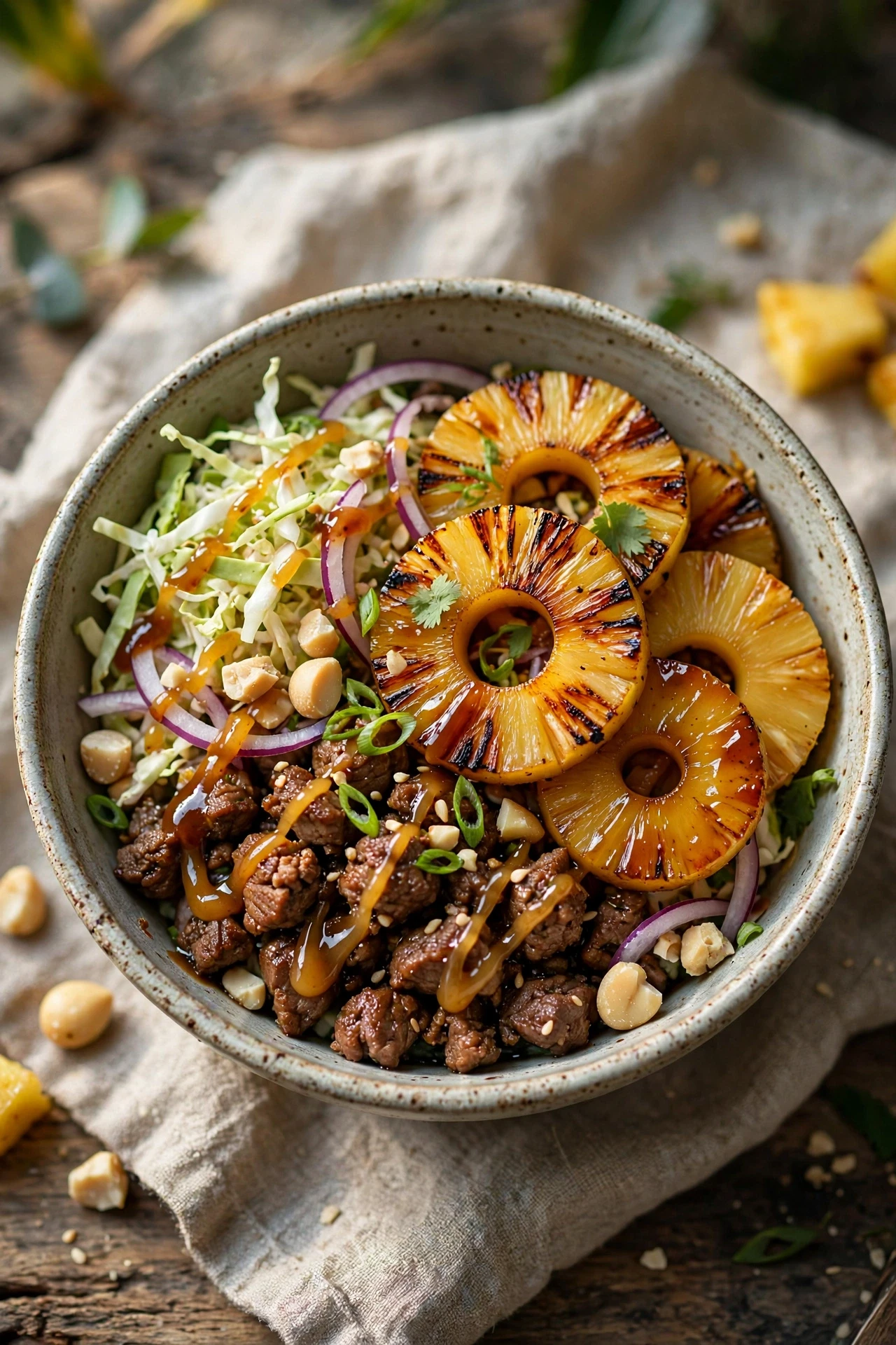 Hawaiian burger bowl with grilled pineapple, teriyaki beef and rice