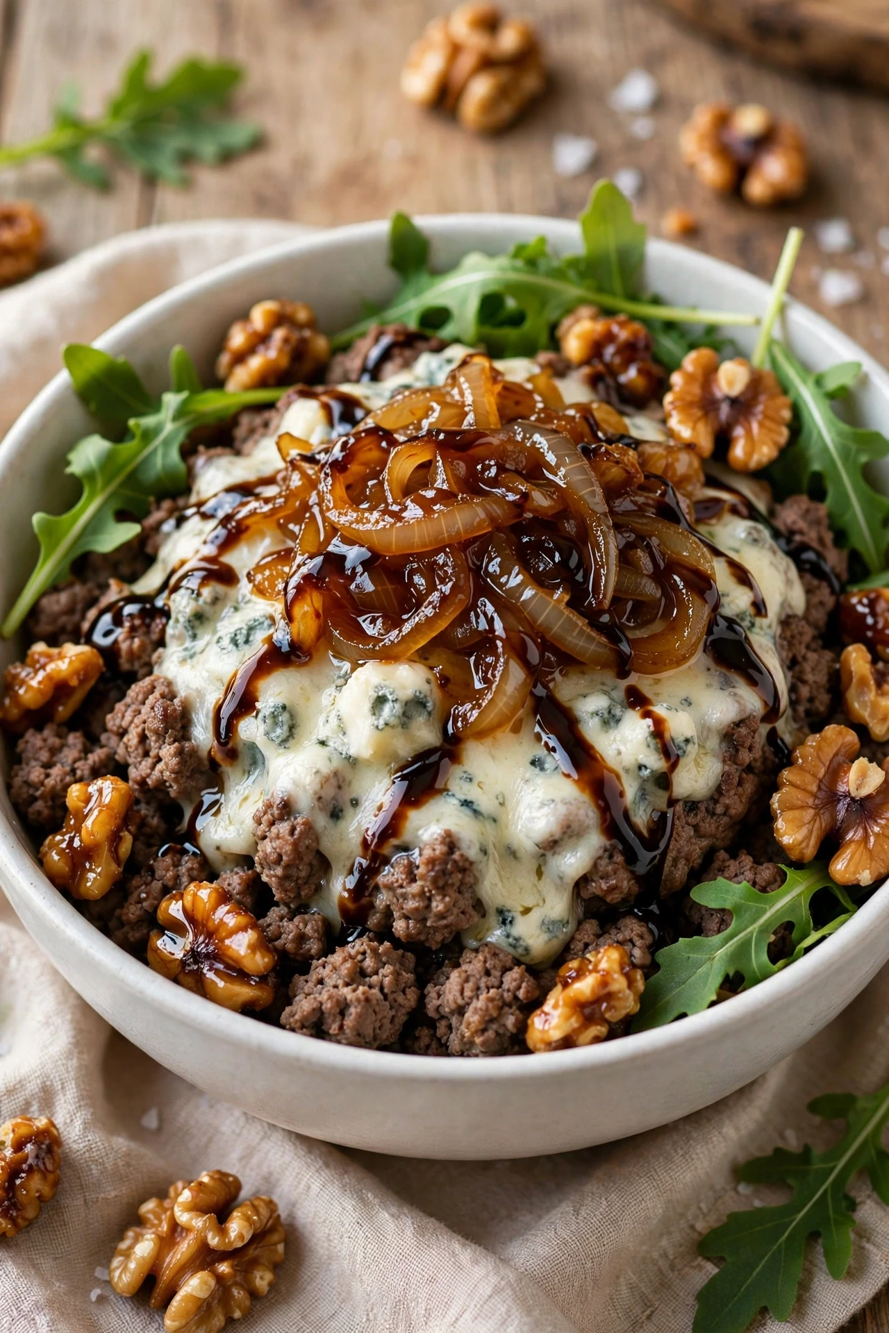 Blue cheese burger bowl with crumbled blue cheese and buffalo drizzle