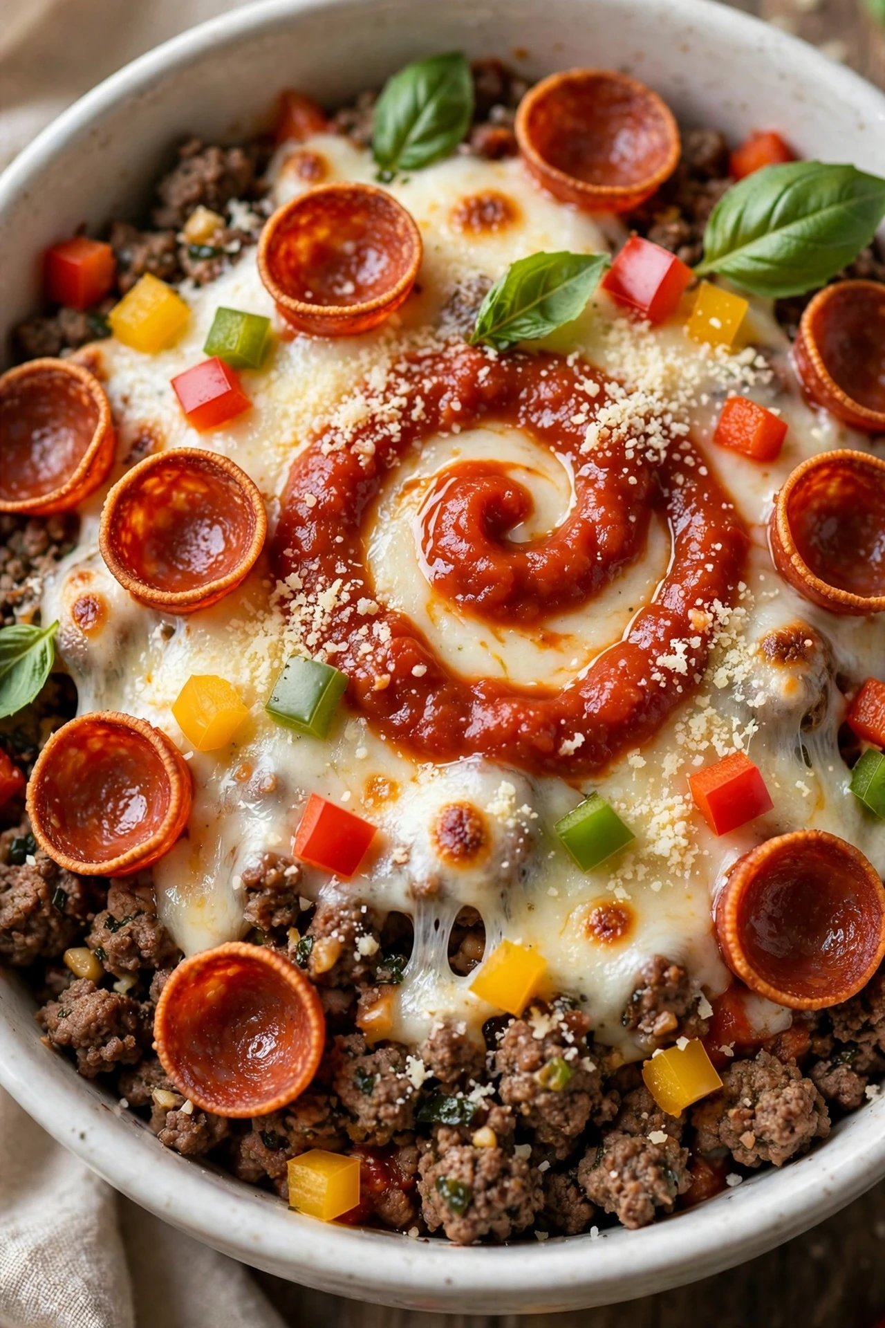 Pizza burger bowl with pepperoni, mozzarella and marinara