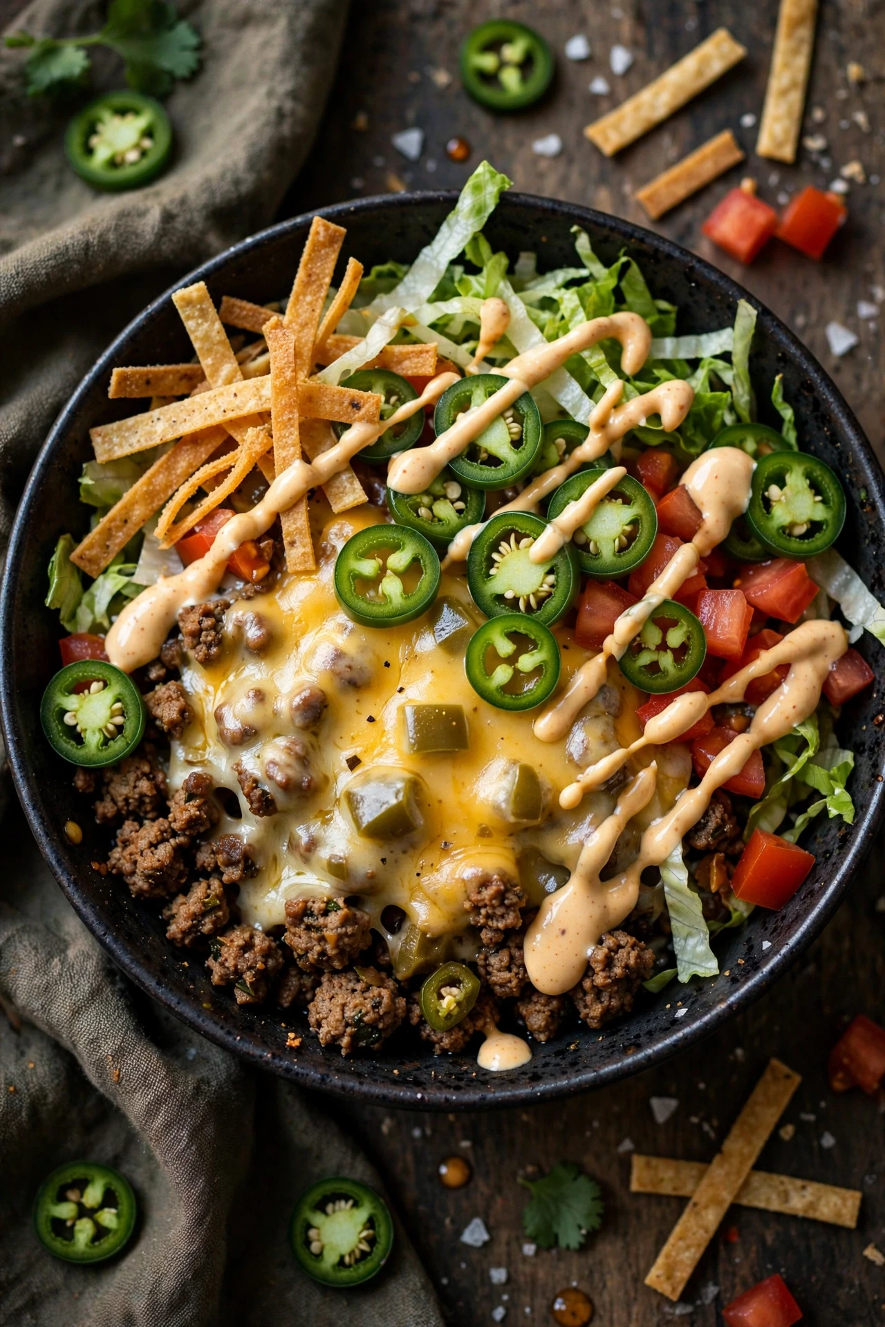 Spicy jalapeno burger bowl with pepper jack and chipotle mayo